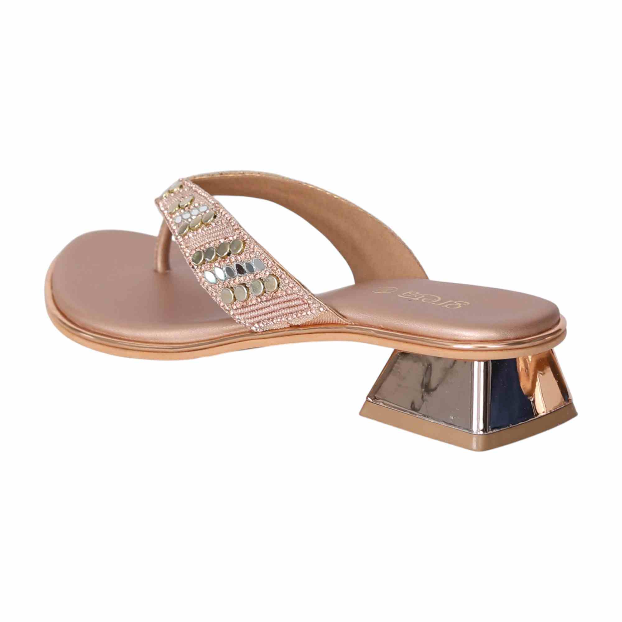 Rose Gold Embellished Thong Heels with a Low Heel