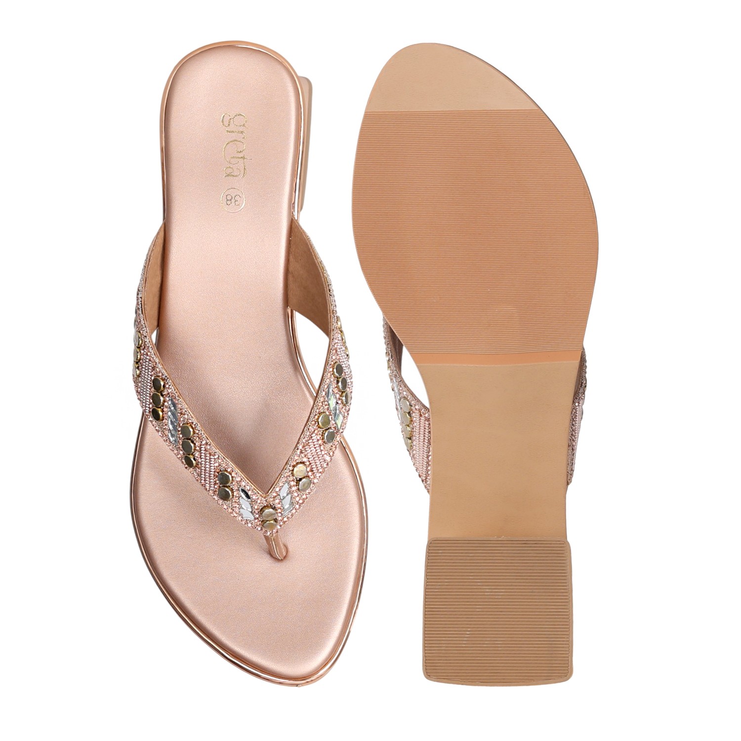 Rose Gold Embellished Thong Heels with a Low Heel