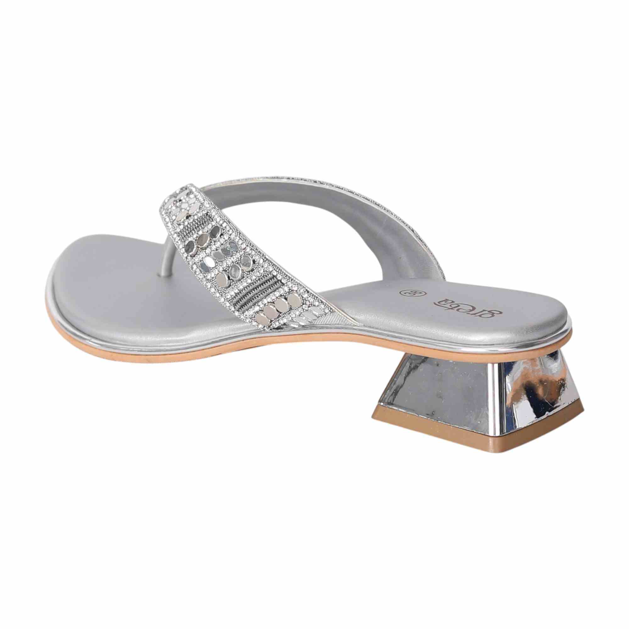 Silver Embellished Thong Heels with a Low Heel