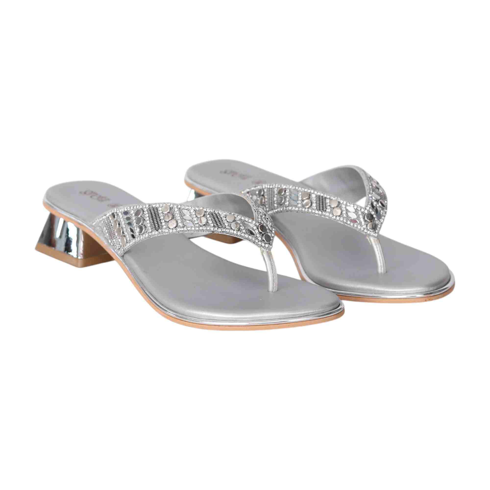 Silver Embellished Thong Heels with a Low Heel