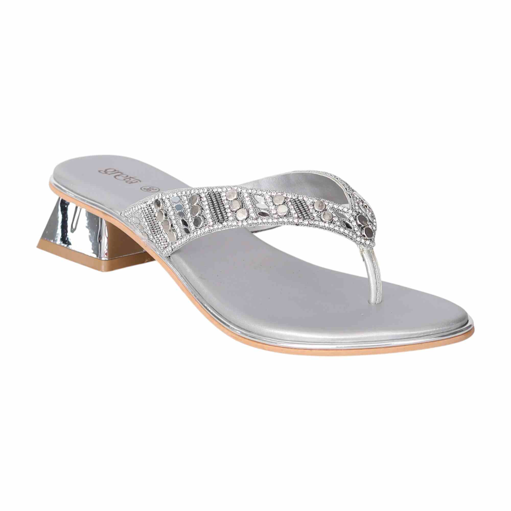 Silver Embellished Thong Heels with a Low Heel