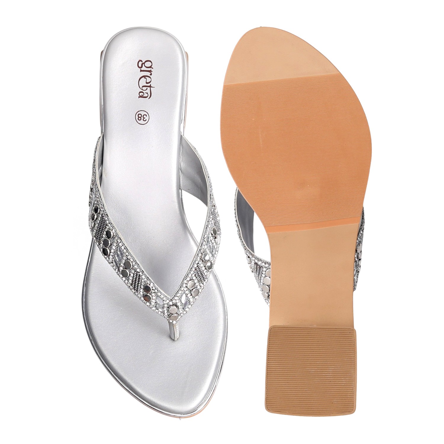 Silver Embellished Thong Heels with a Low Heel