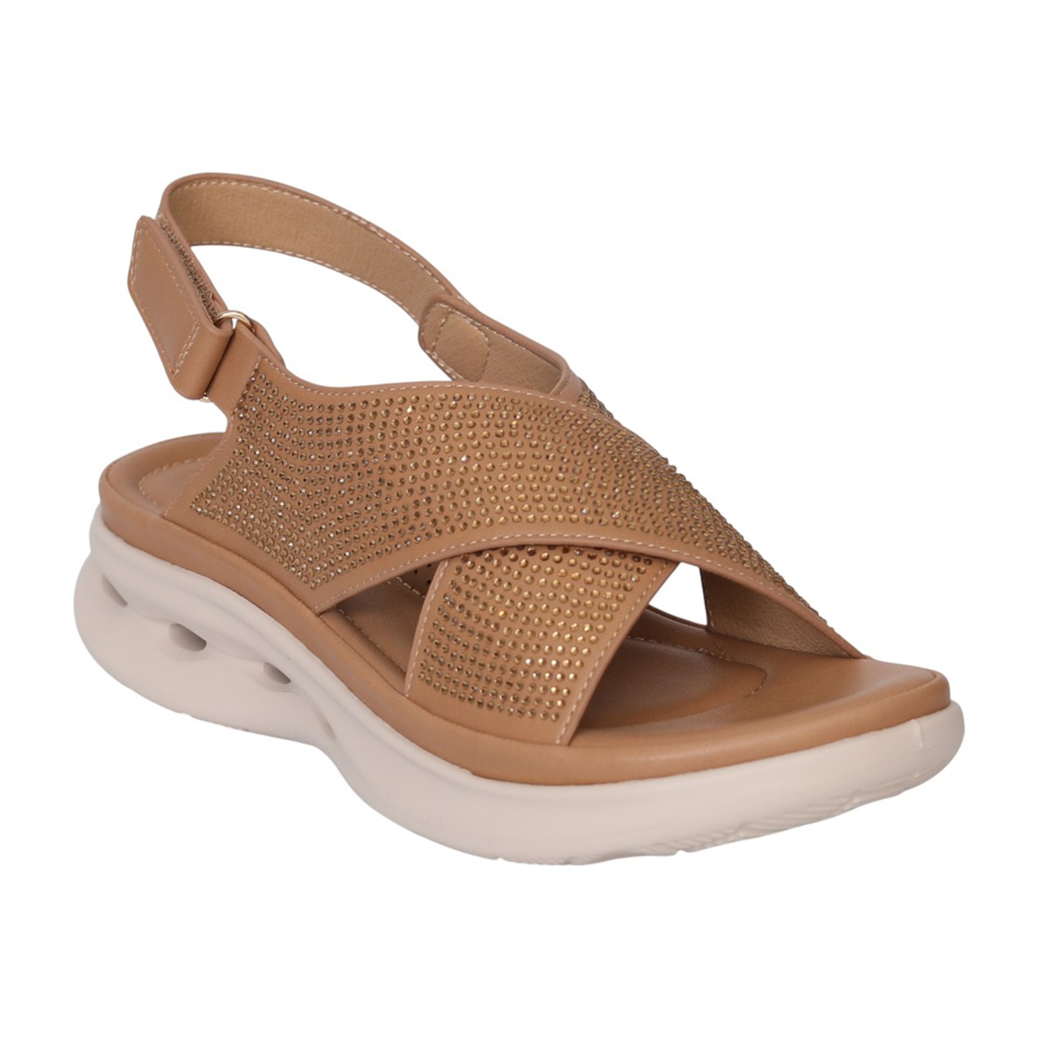 Women Camel Sparkle Cross-Strap Comfort Sandals