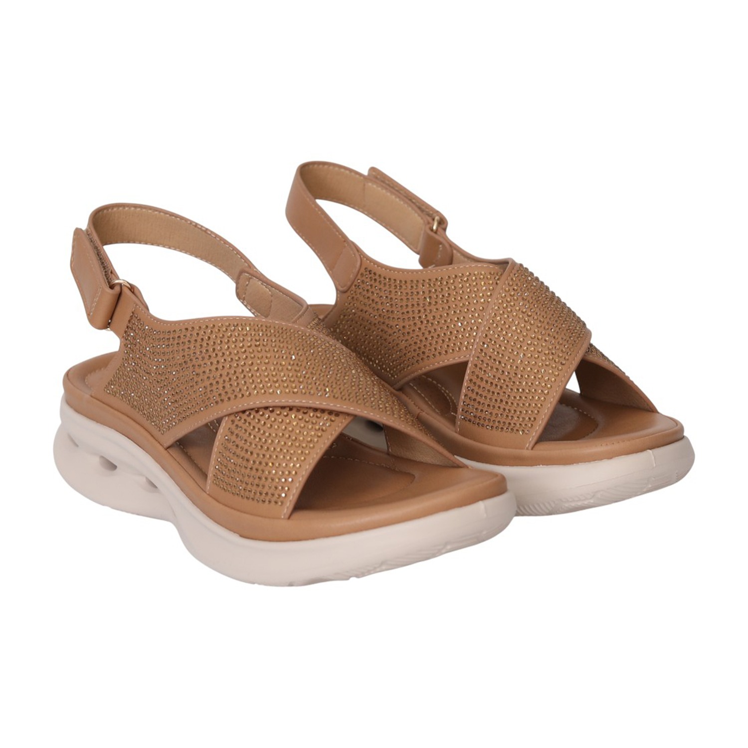 Women Camel Sparkle Cross-Strap Comfort Sandals