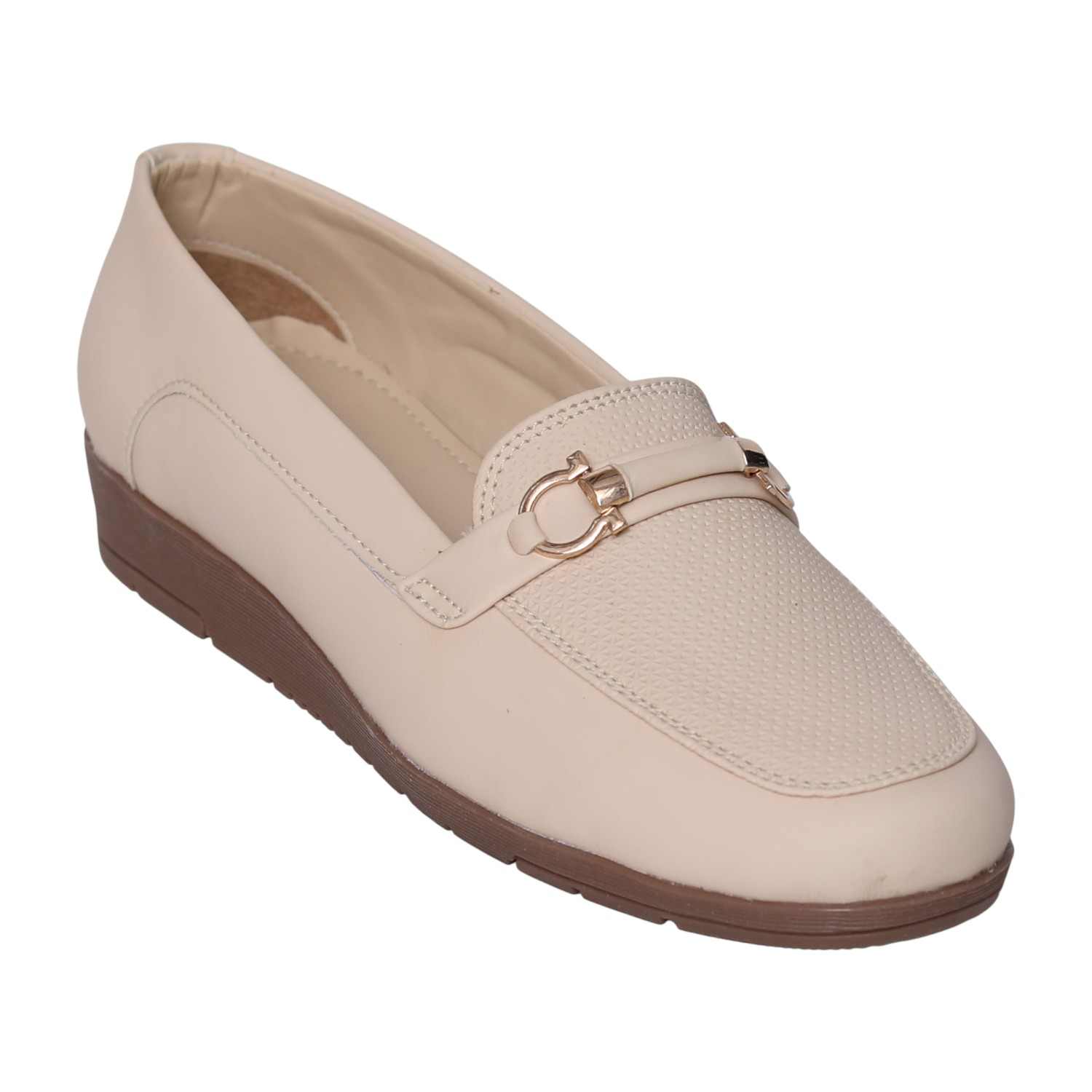 Greta Women’s Textured Beige Slip-On Loafers with Decorative Buckle