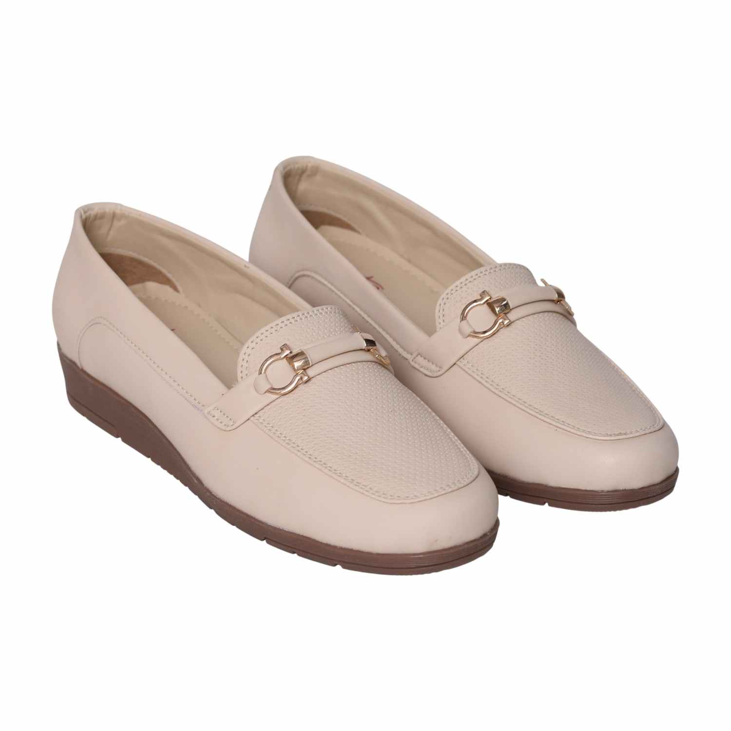 Greta Women’s Textured Beige Slip-On Loafers with Decorative Buckle