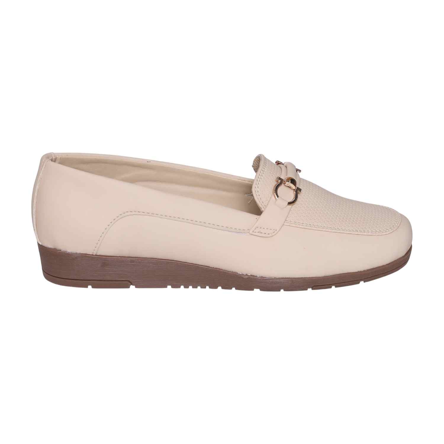 Greta Women’s Textured Beige Slip-On Loafers with Decorative Buckle