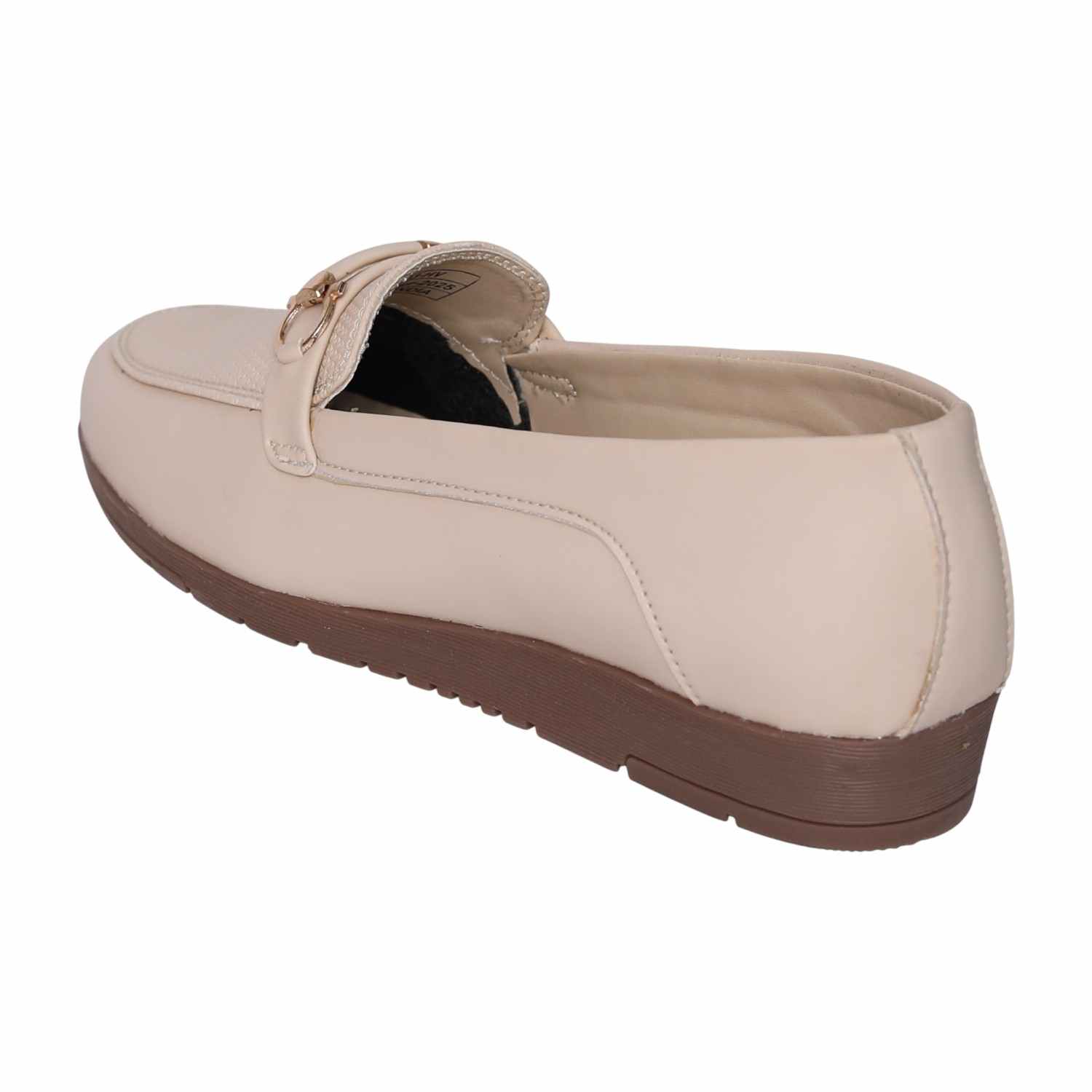 Greta Women’s Textured Beige Slip-On Loafers with Decorative Buckle