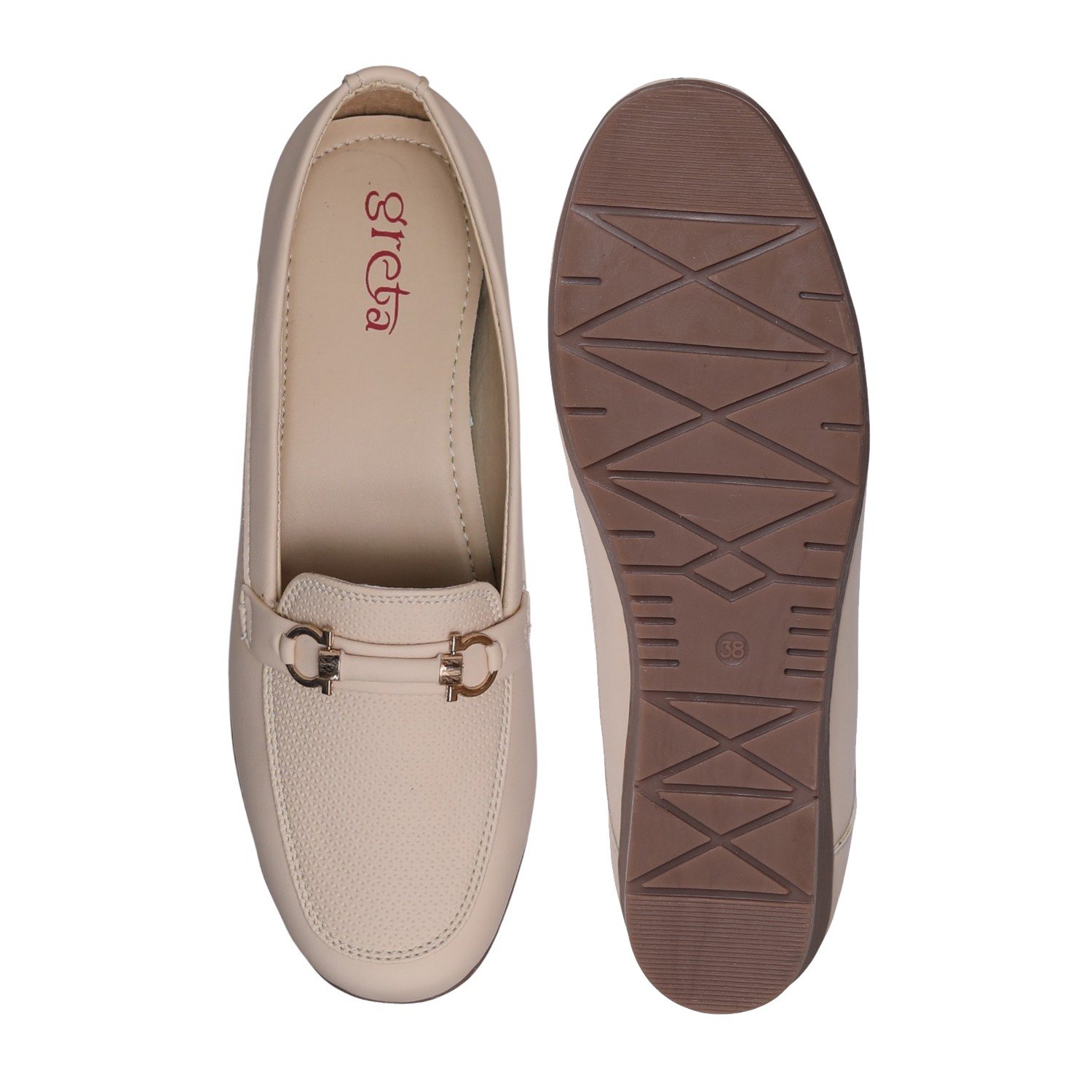 Greta Women’s Textured Beige Slip-On Loafers with Decorative Buckle