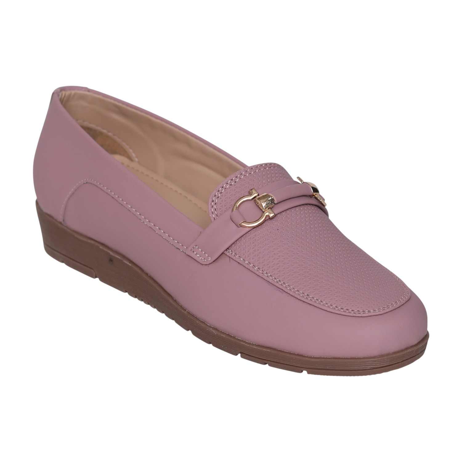 Greta Women’s Textured Peach Slip-On Loafers with Decorative Buckle