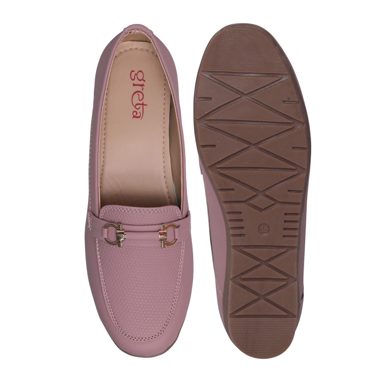 Greta Women’s Textured Peach Slip-On Loafers with Decorative Buckle