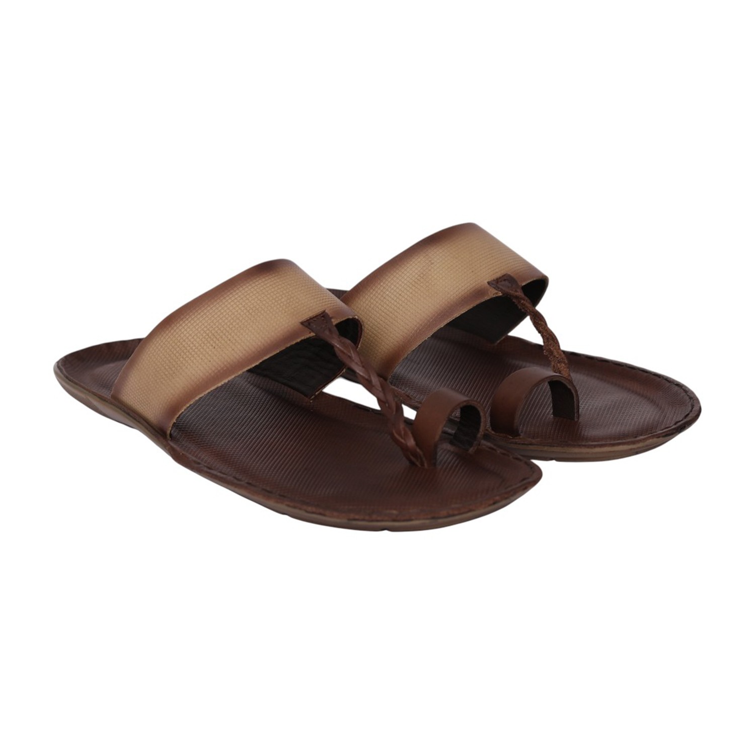 Men Brown Leather Toe-Ring Slip-On Sandals