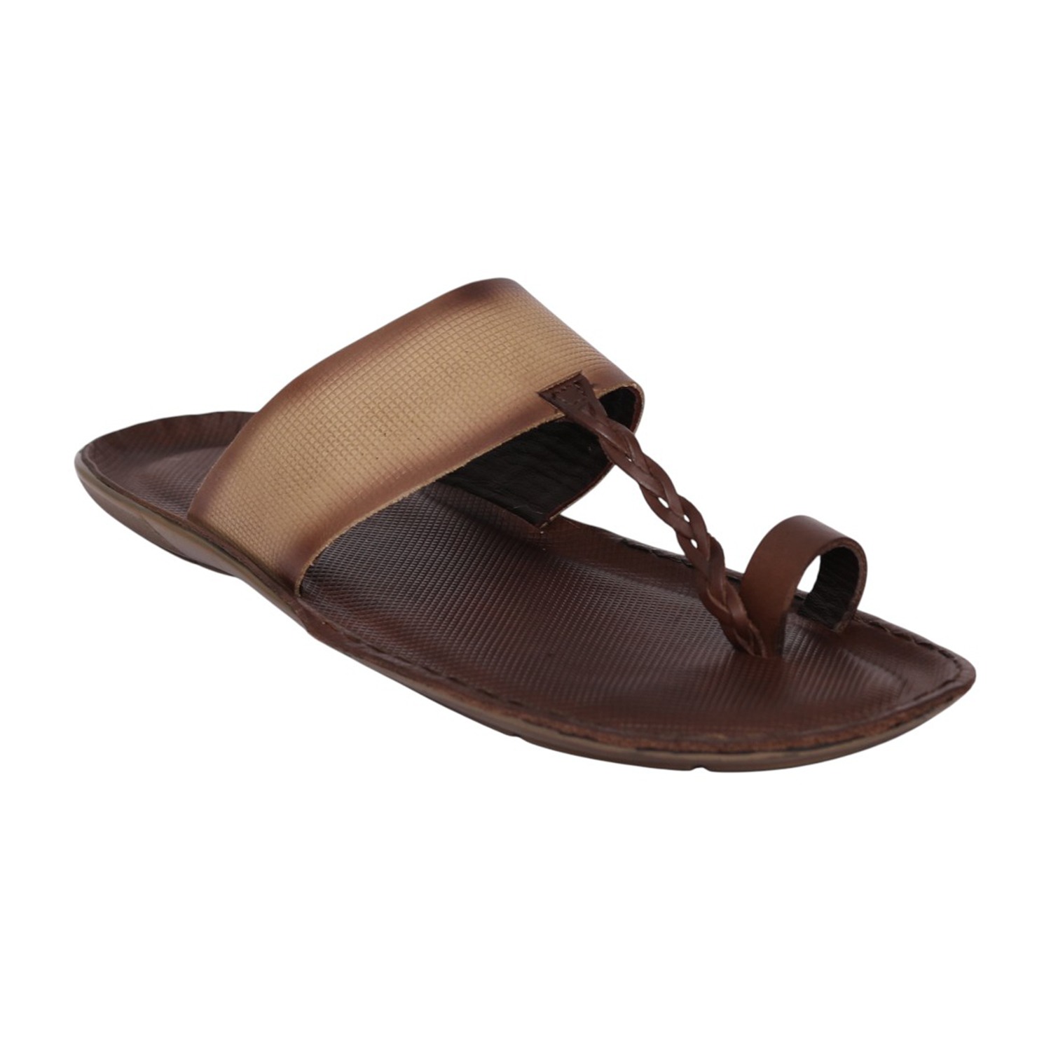 Men Brown Leather Toe-Ring Slip-On Sandals