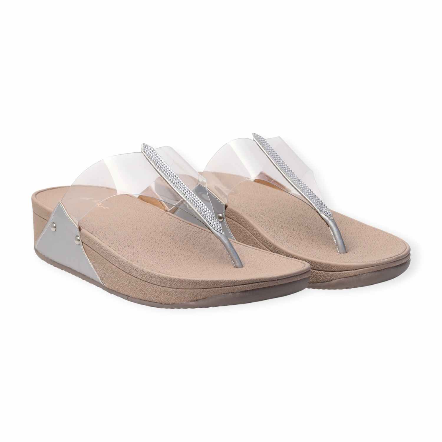 Pinkleaf Women’s Silver Transparent Strap Wedge Sandals with Embellished Detailing