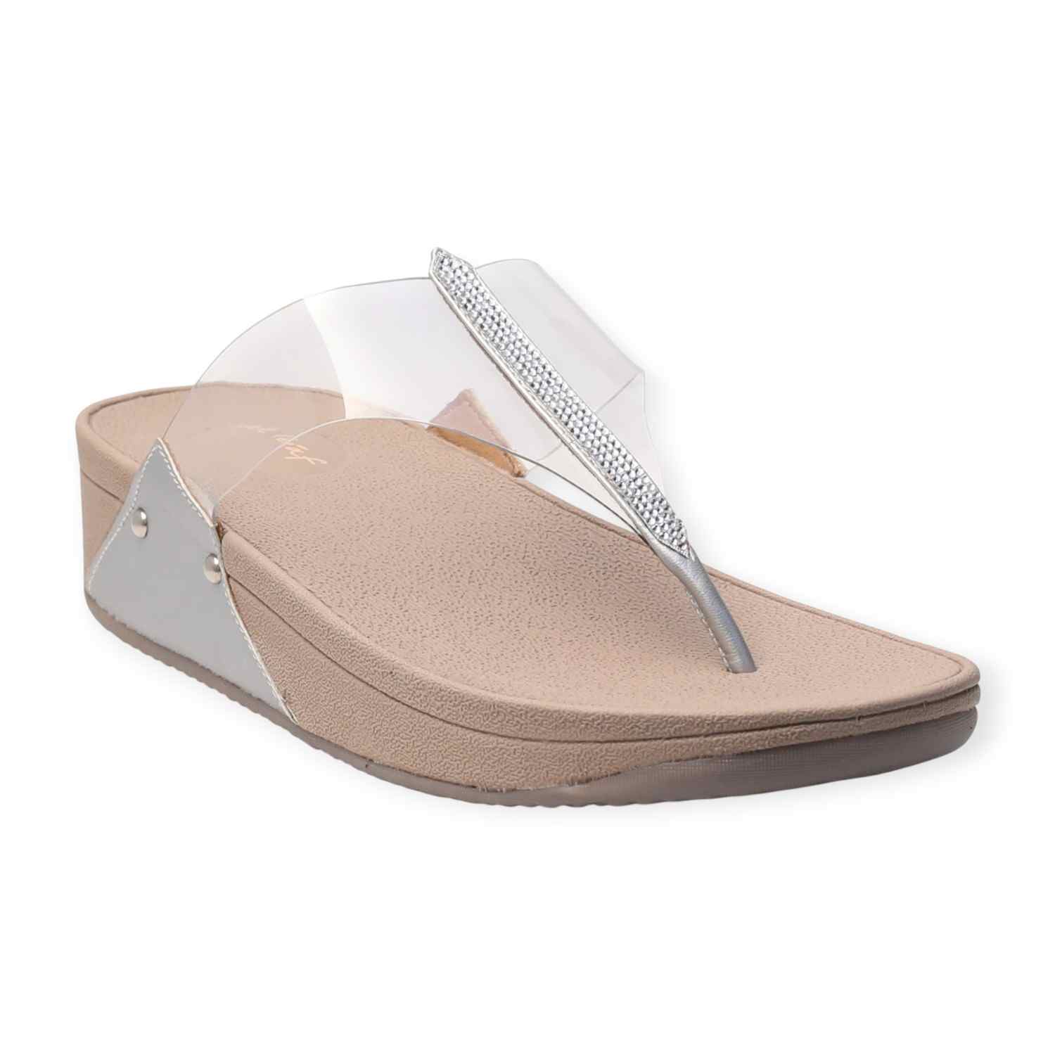 Pinkleaf Women’s Silver Transparent Strap Wedge Sandals with Embellished Detailing