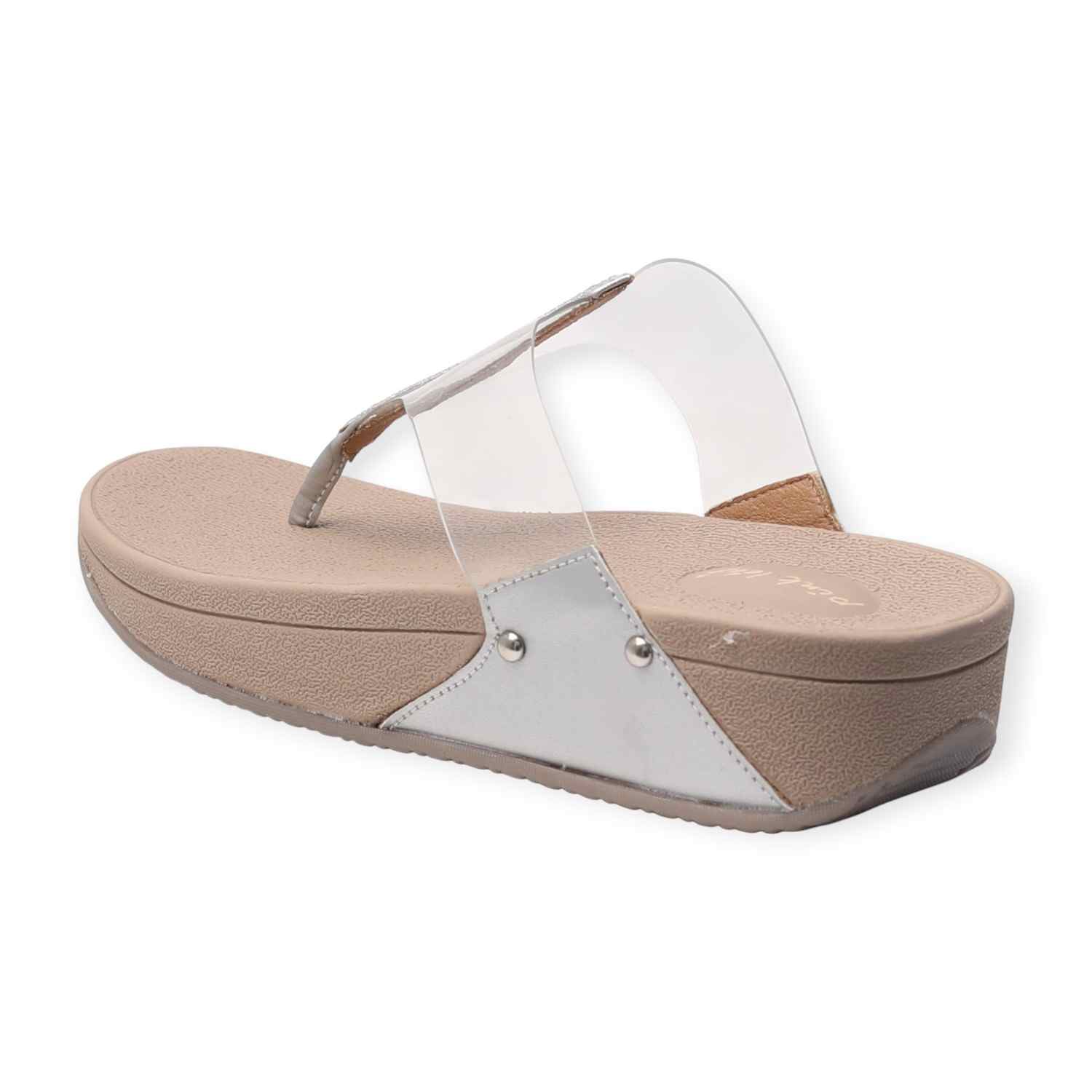 Pinkleaf Women’s Silver Transparent Strap Wedge Sandals with Embellished Detailing