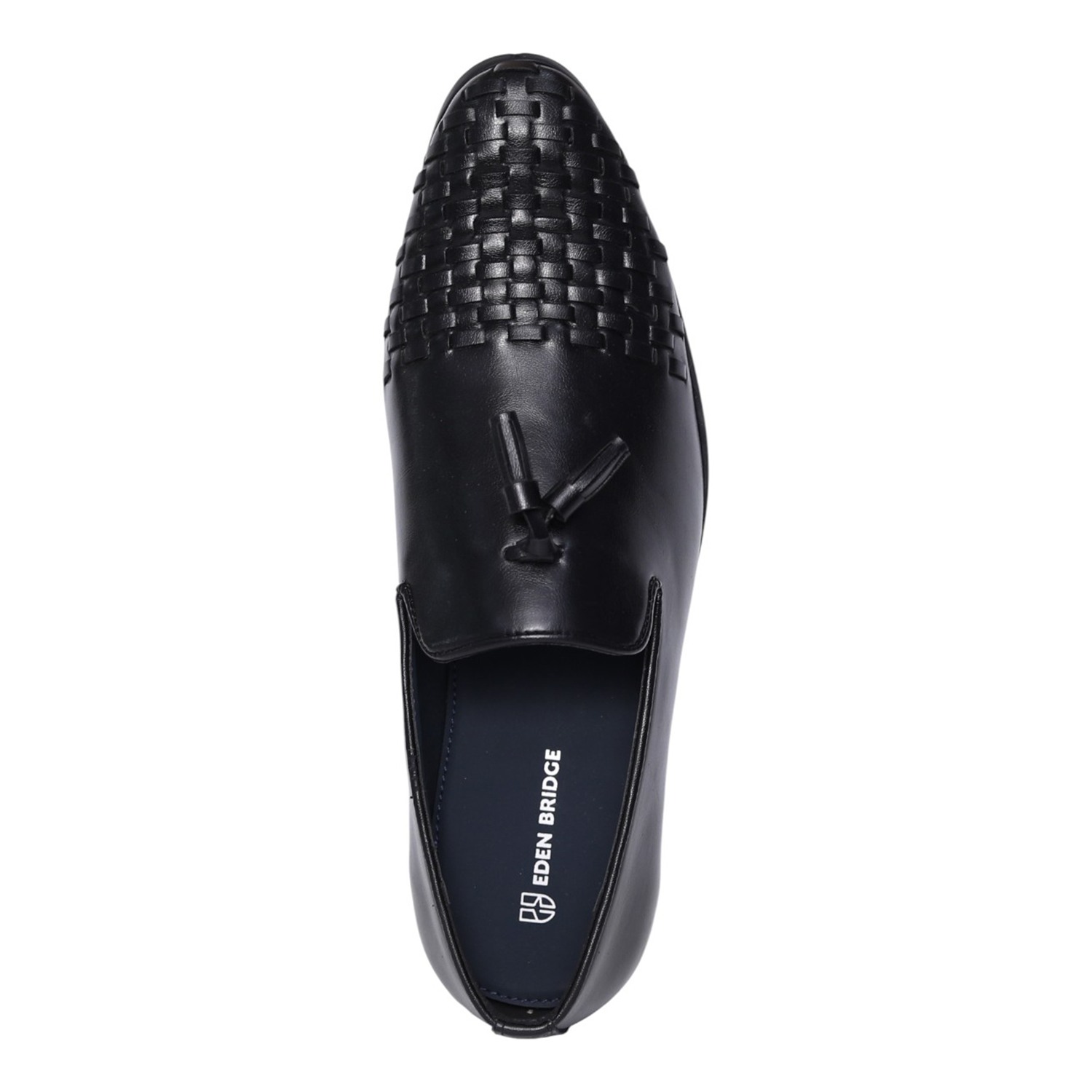Men Black Leather Tassel Loafers with Woven Toe Detail