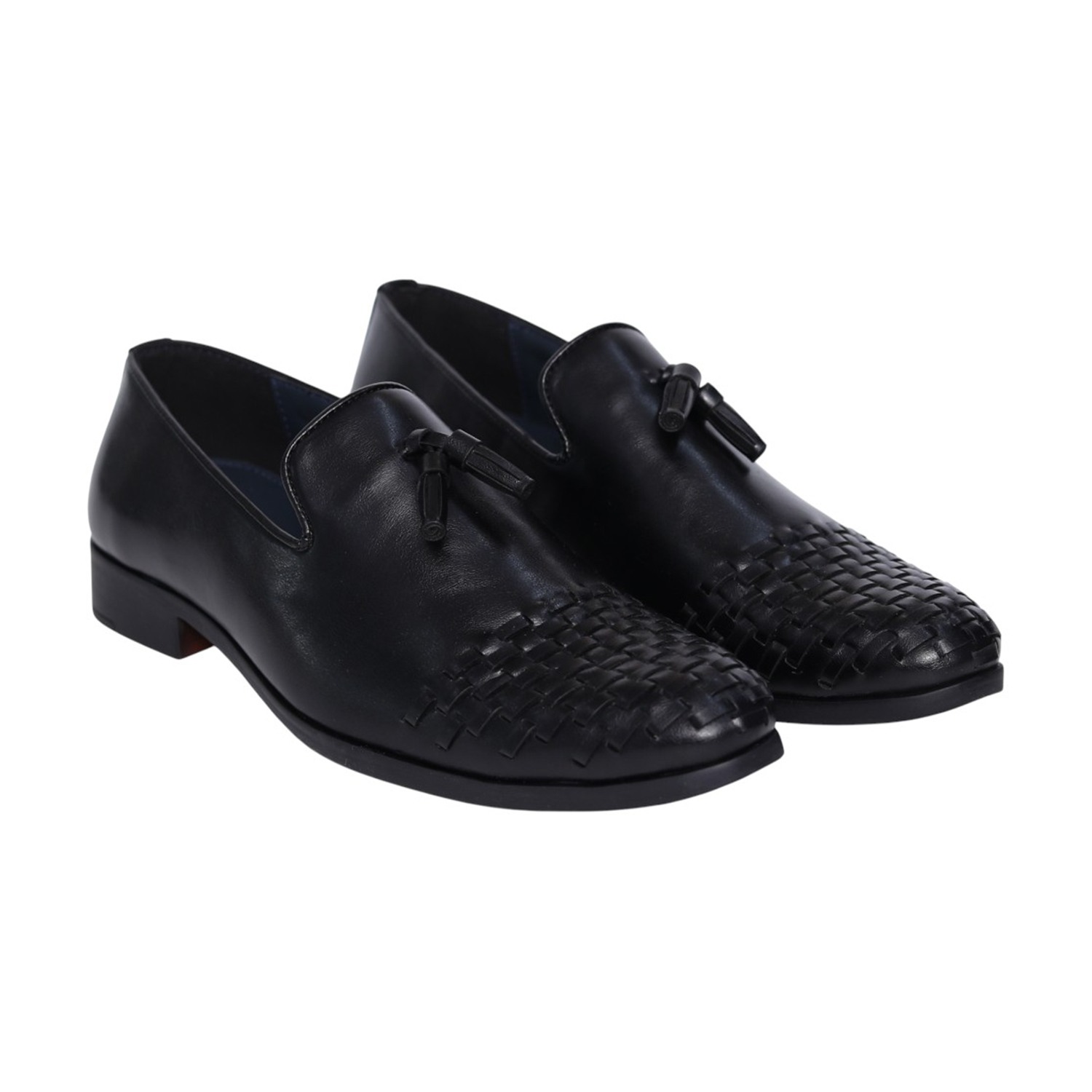 Men Black Leather Tassel Loafers with Woven Toe Detail