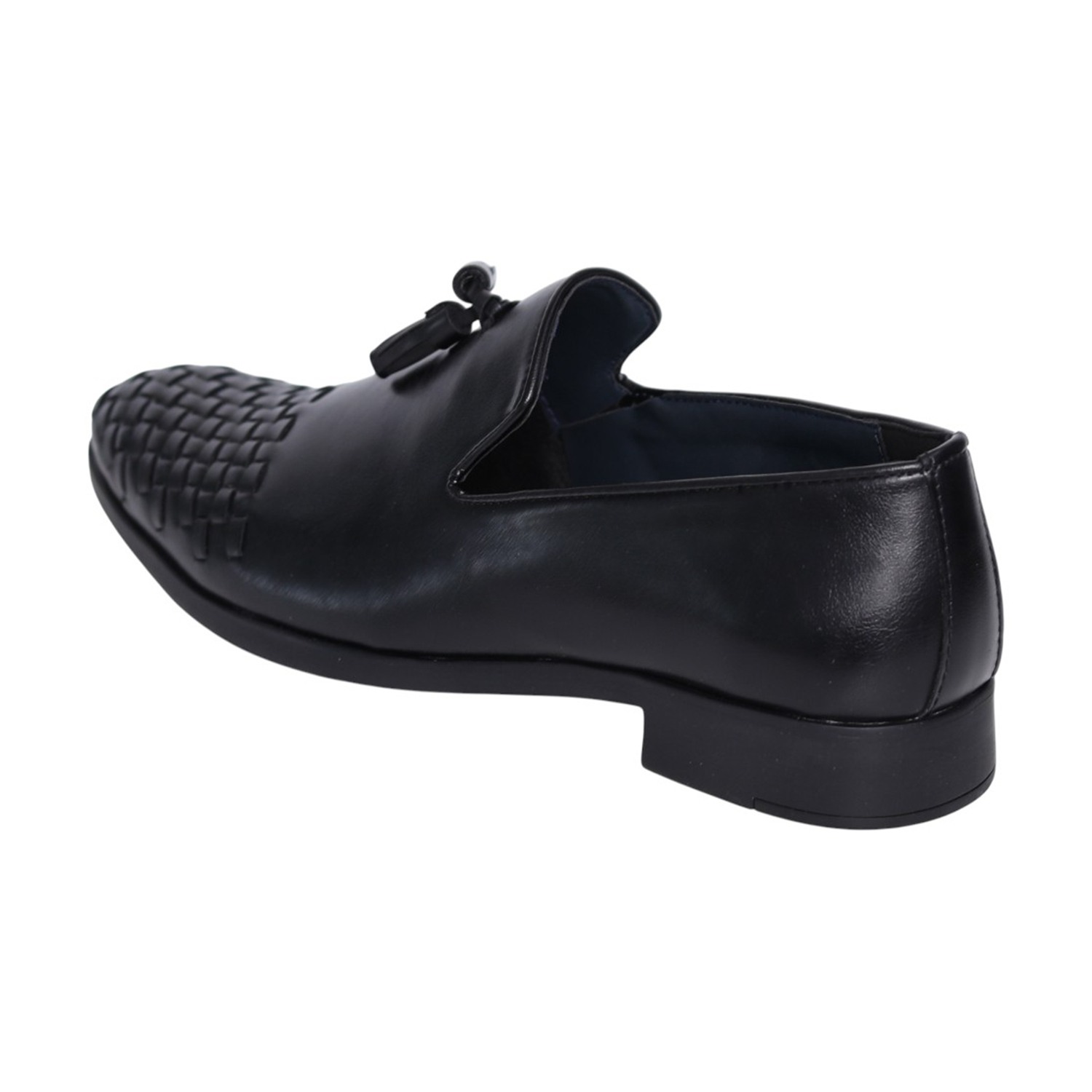 Men Black Leather Tassel Loafers with Woven Toe Detail