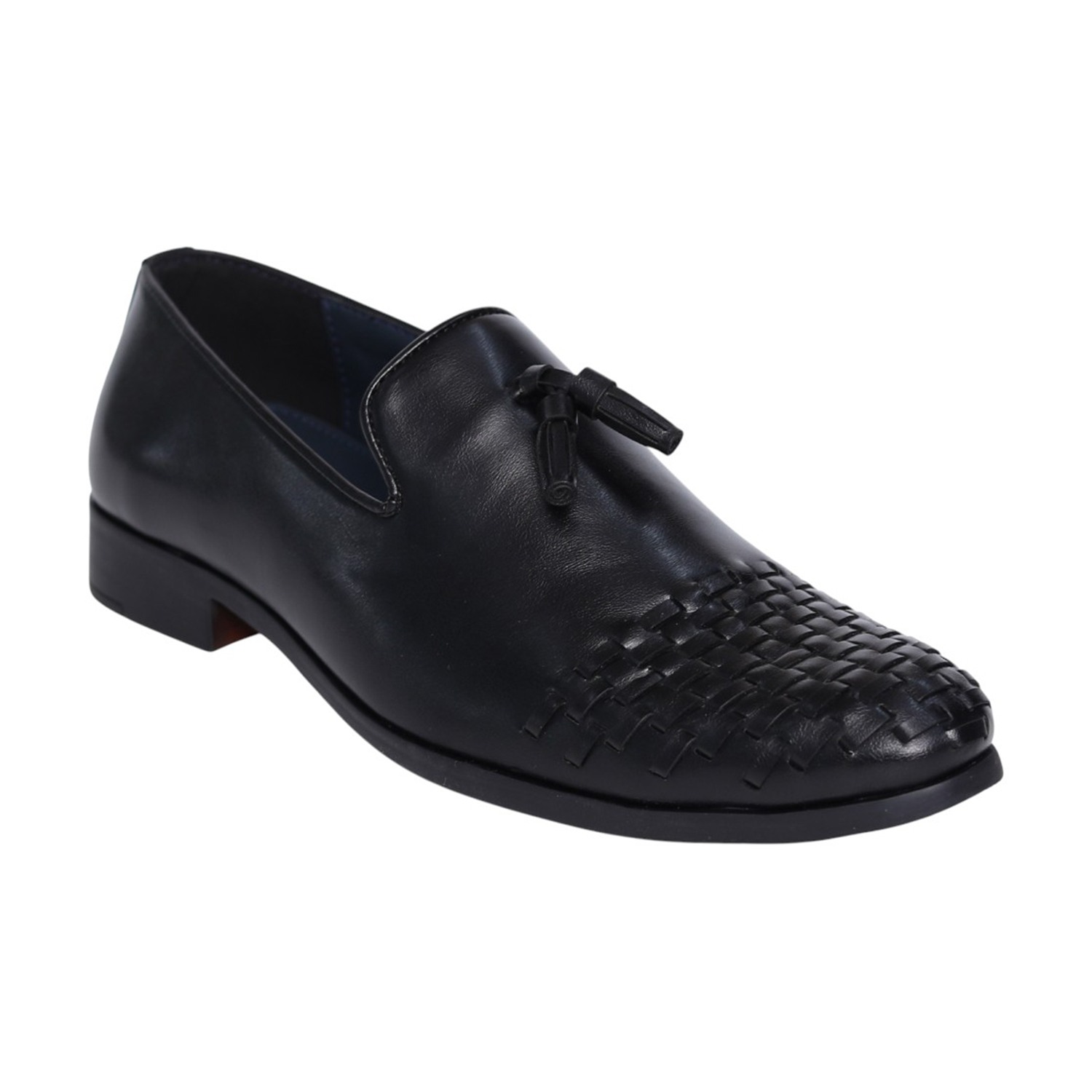 Men Black Leather Tassel Loafers with Woven Toe Detail
