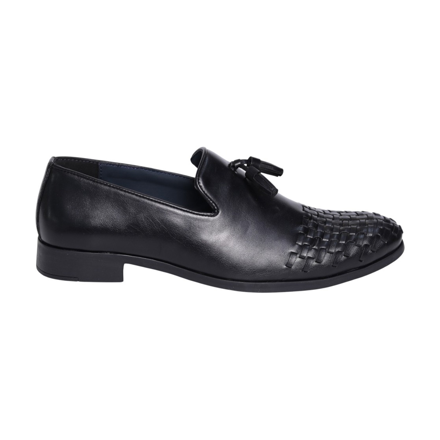 Men Black Leather Tassel Loafers with Woven Toe Detail
