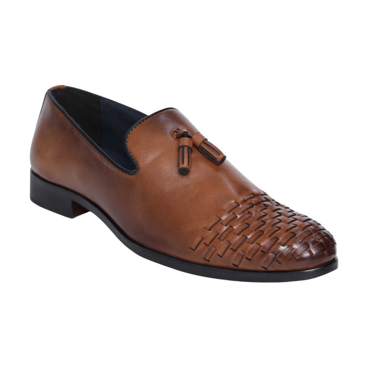Men Tan Leather Tassel Loafers with Woven Toe Detail