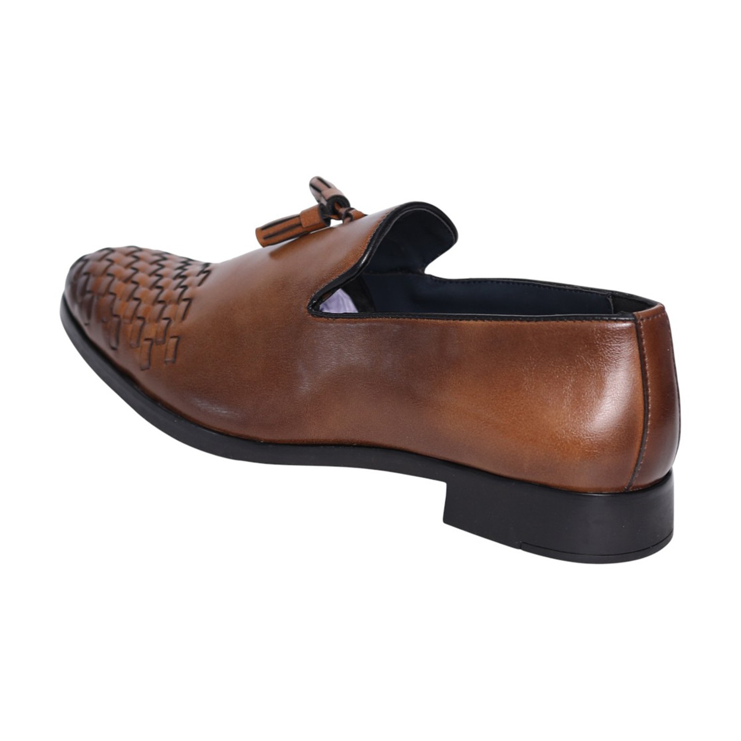 Men Tan Leather Tassel Loafers with Woven Toe Detail