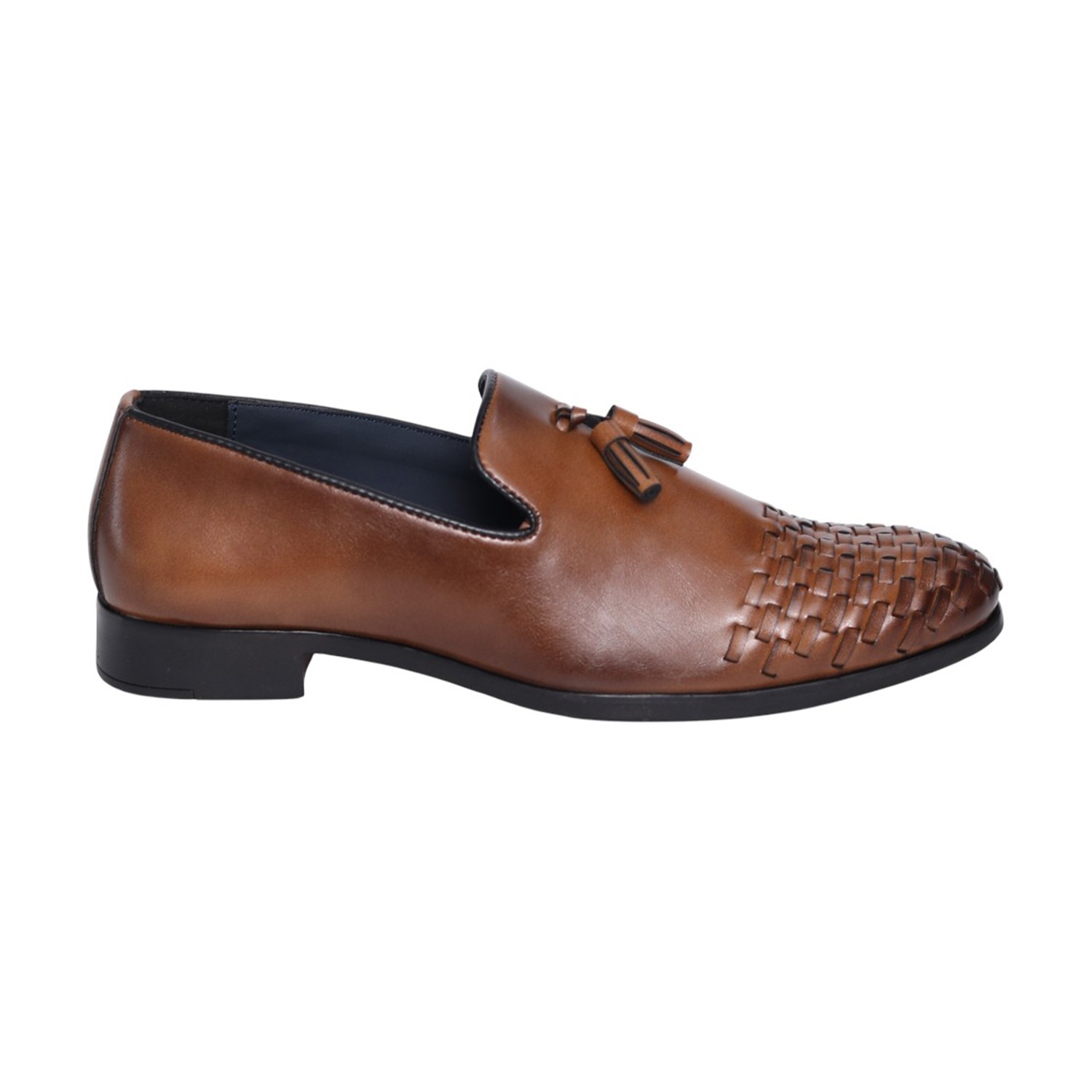 Men Tan Leather Tassel Loafers with Woven Toe Detail