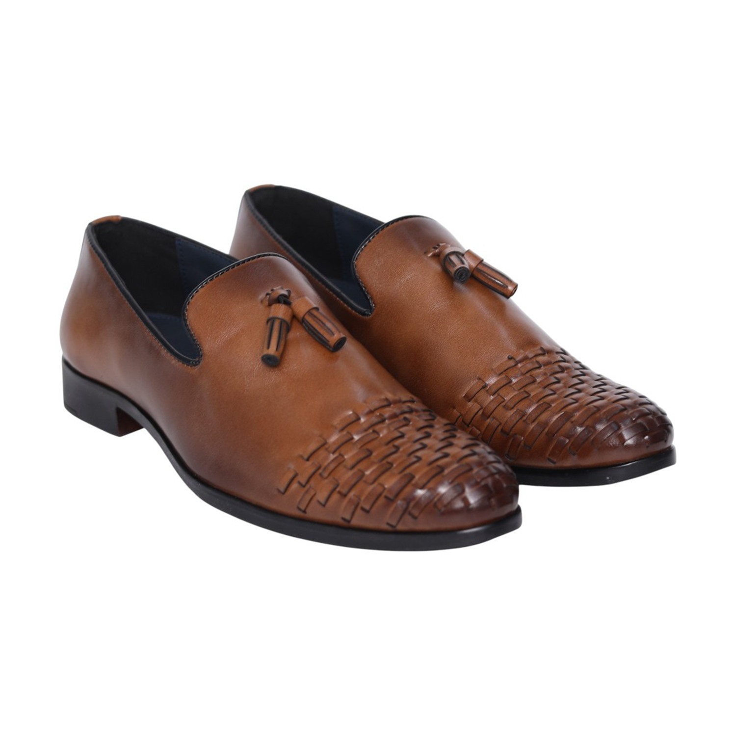Men Tan Leather Tassel Loafers with Woven Toe Detail