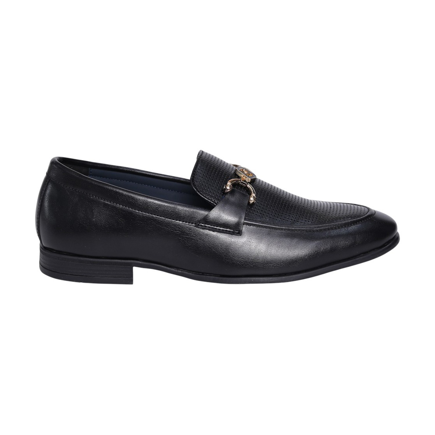 Men Black Leather Horsebit Loafers with Perforated Vamp