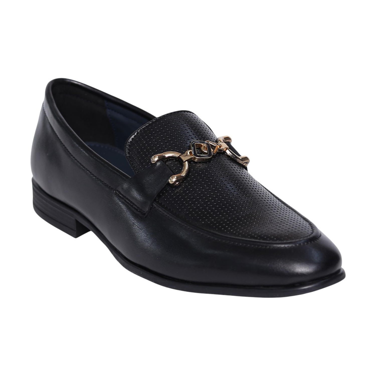Men Black Leather Horsebit Loafers with Perforated Vamp