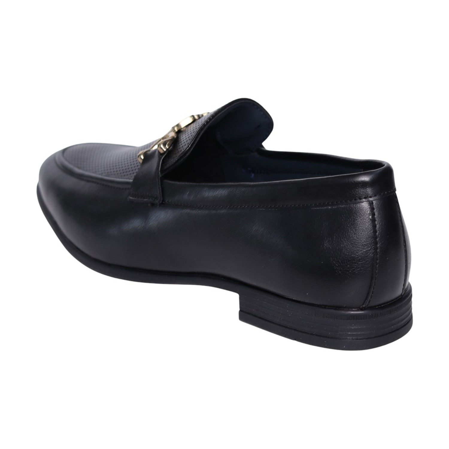 Men Black Leather Horsebit Loafers with Perforated Vamp