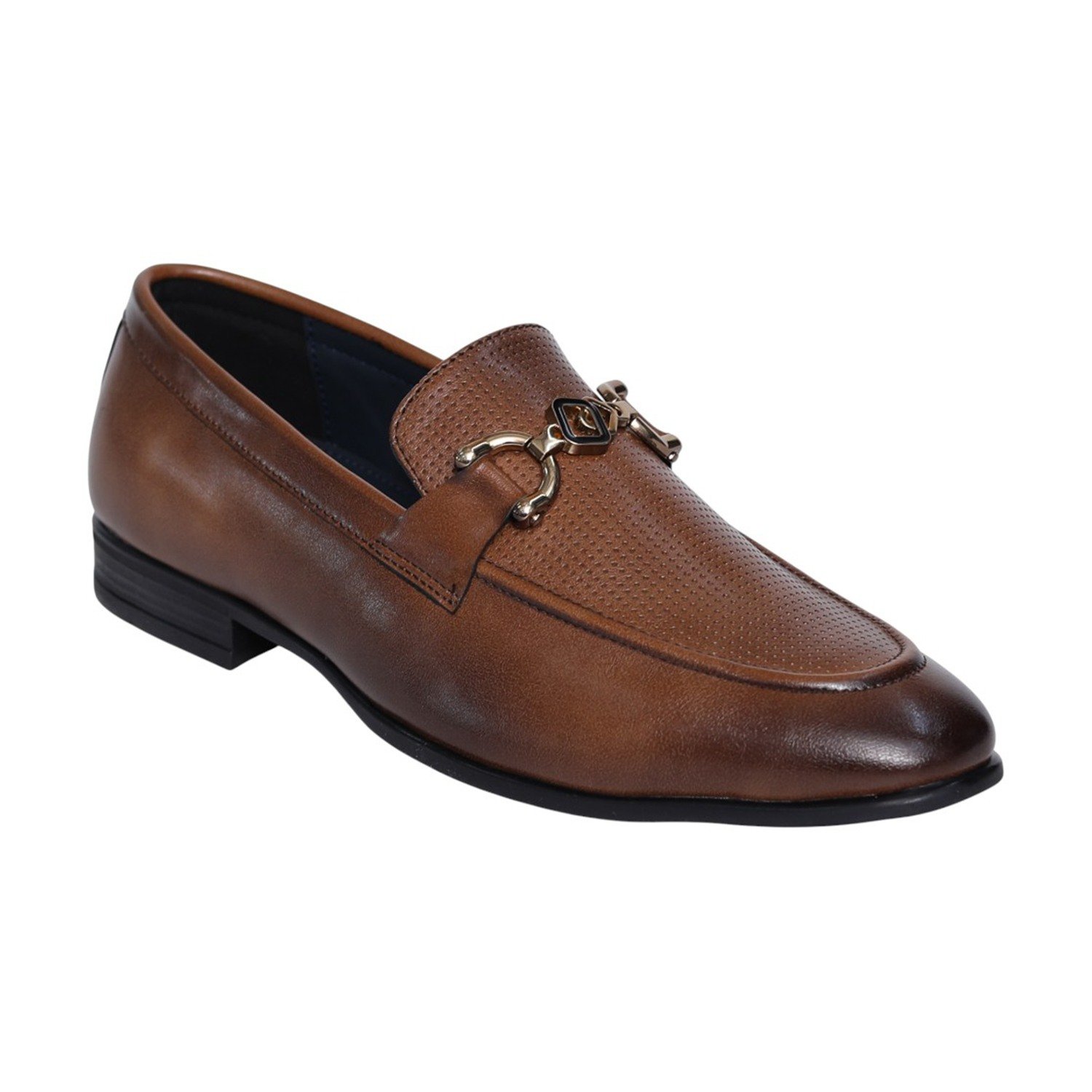 Men Tan Leather Horsebit Loafers with Perforated Vamp