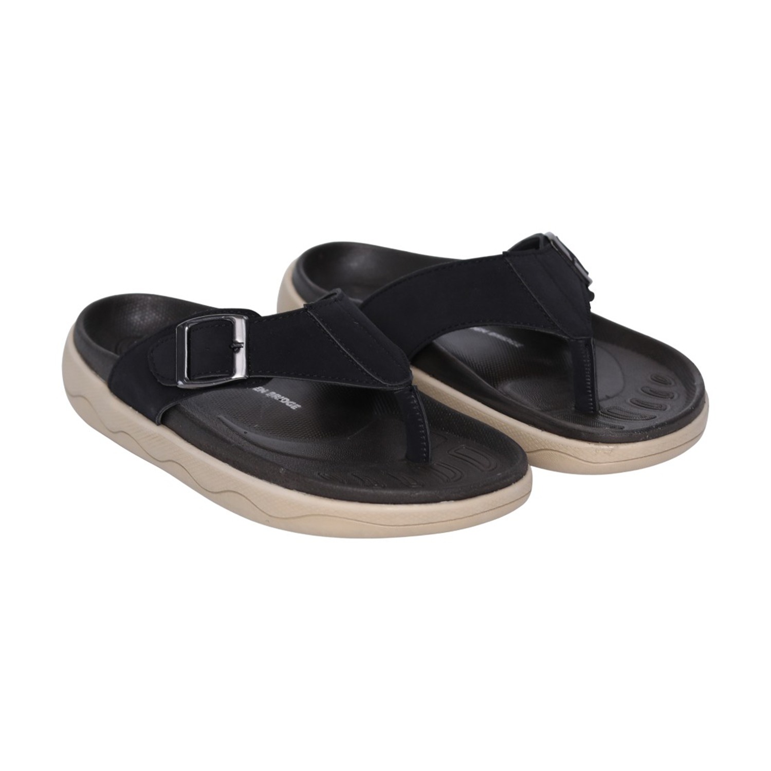 Men Black Comfort Thong Sandals with Buckle Strap