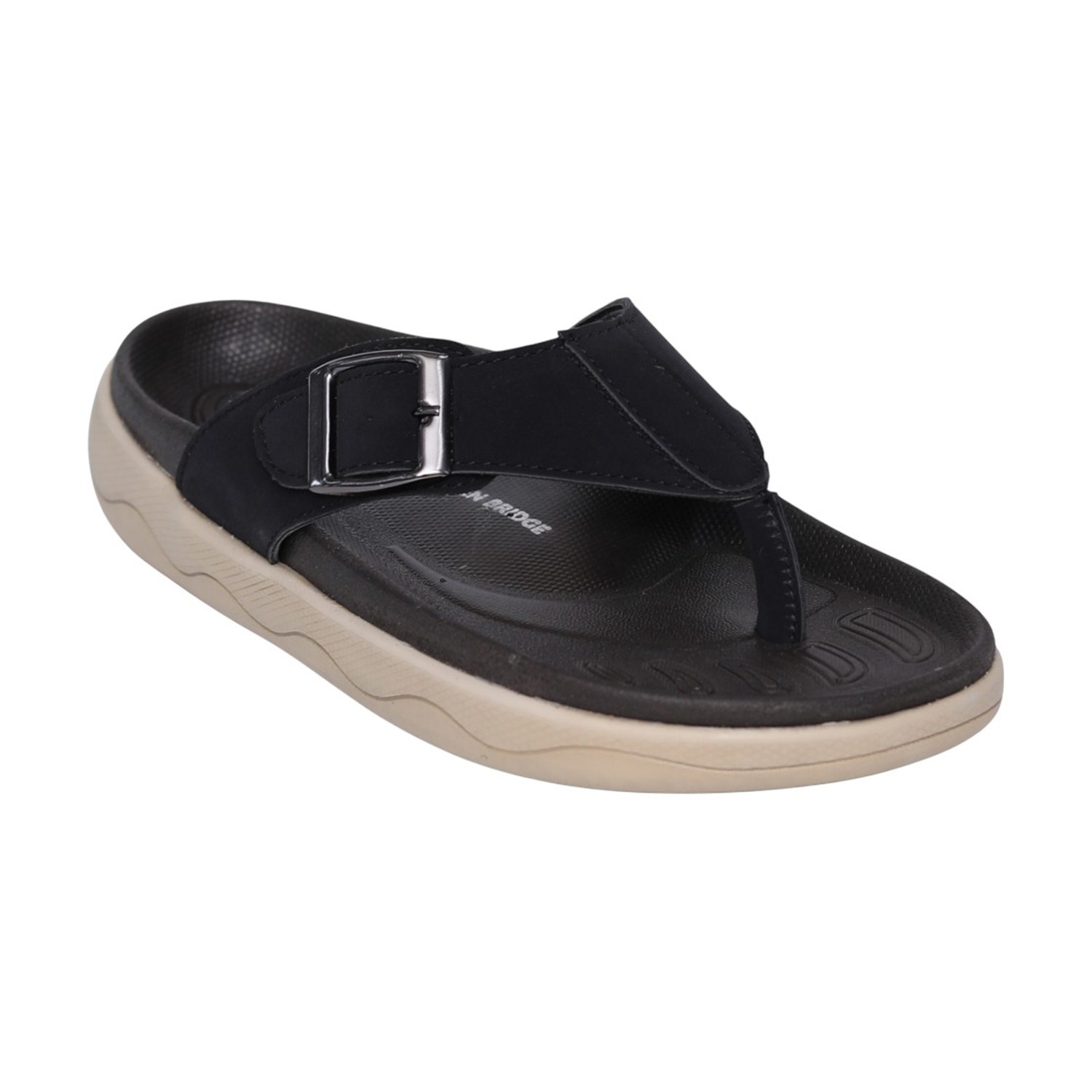 Men Black Comfort Thong Sandals with Buckle Strap