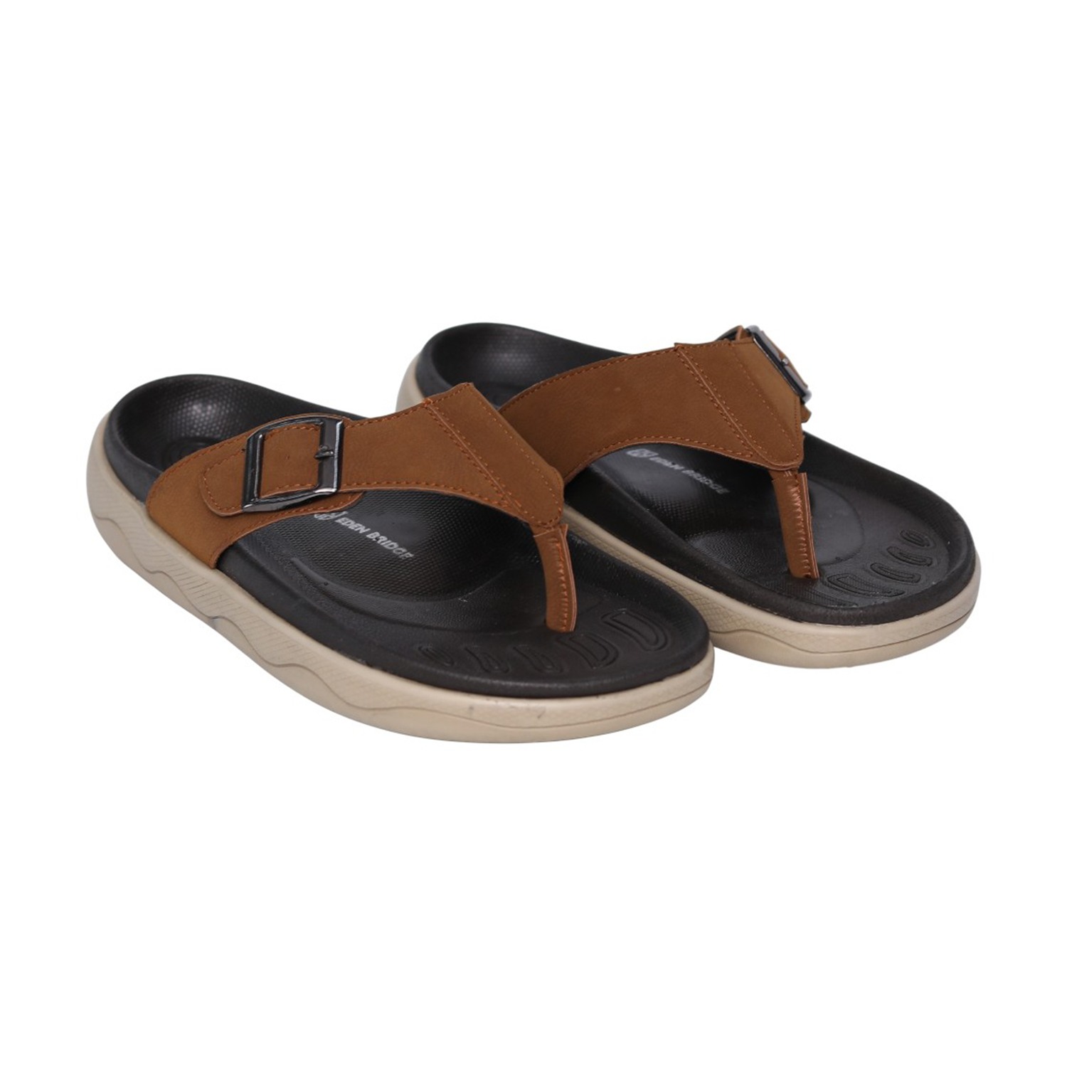 Men Tan Comfort Thong Sandals with Buckle Strap