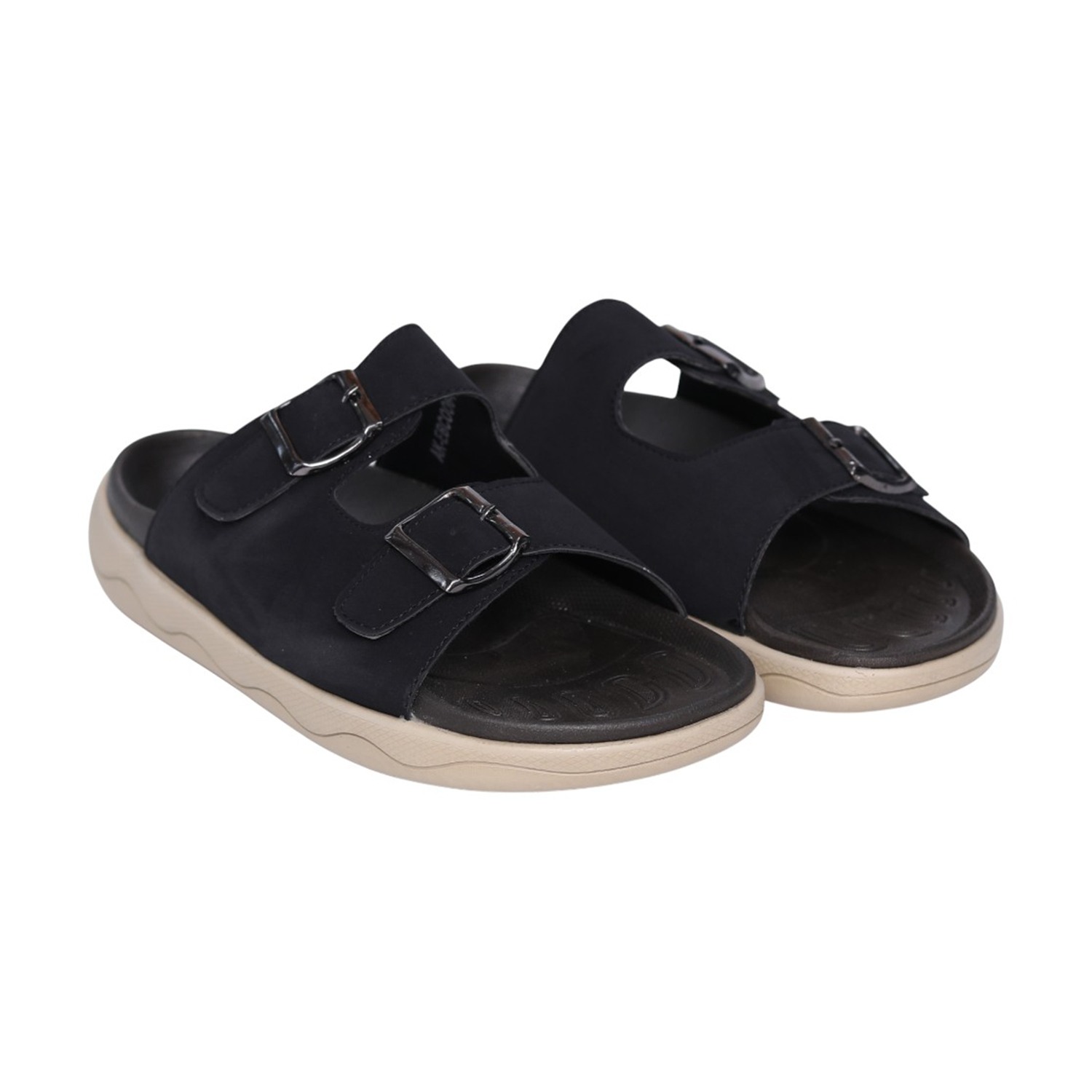 Men Black Dual-Strap Buckle Slides