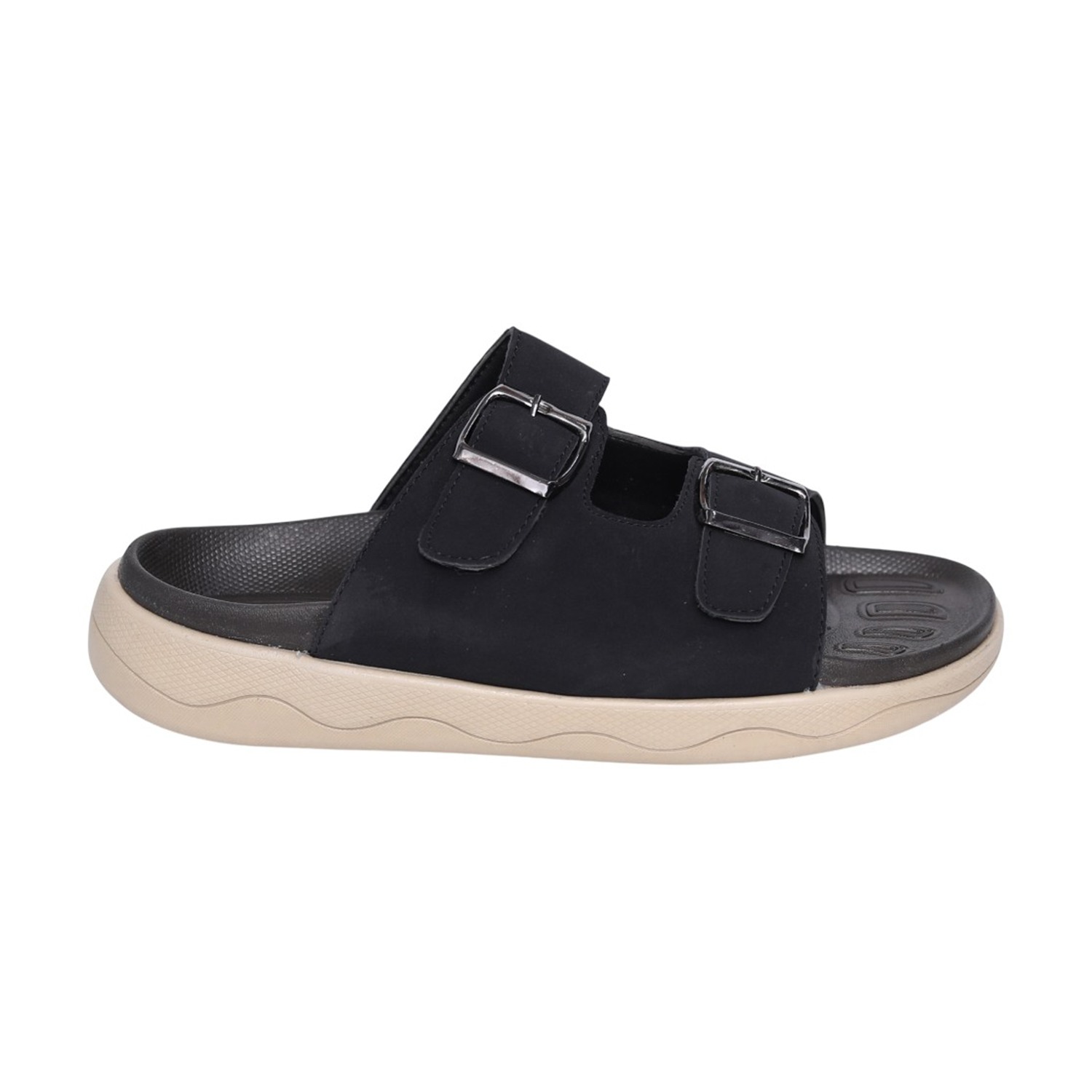 Men Black Dual-Strap Buckle Slides