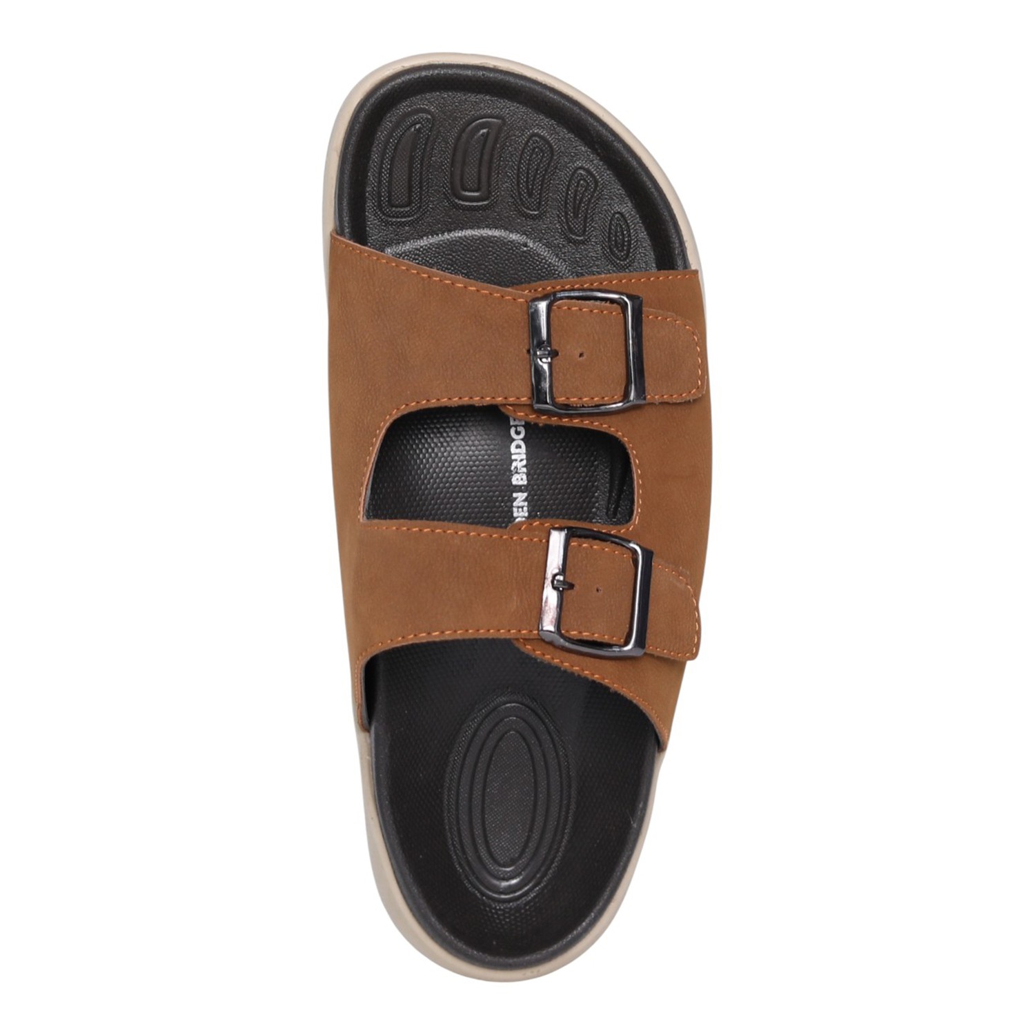 Men Tan Dual-Strap Buckle Slides