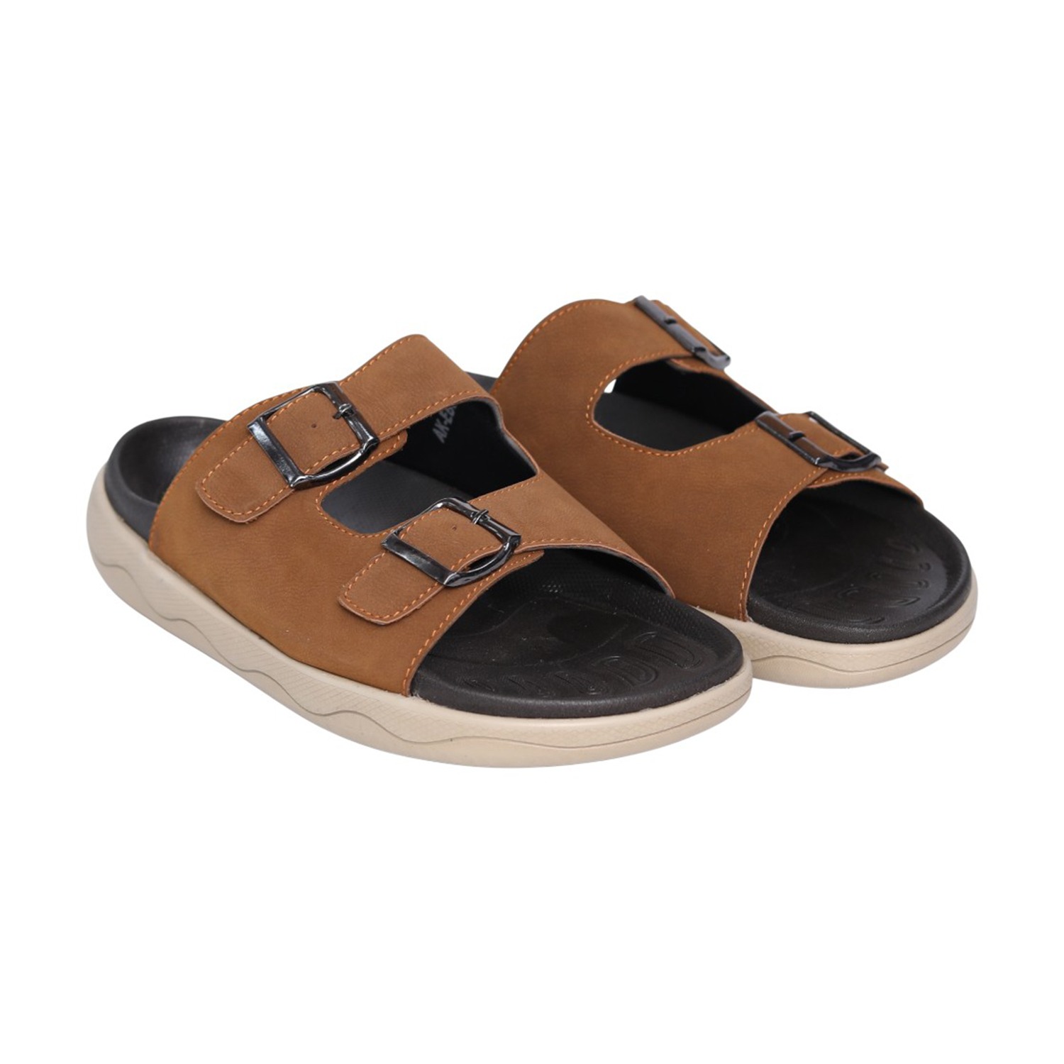 Men Tan Dual-Strap Buckle Slides
