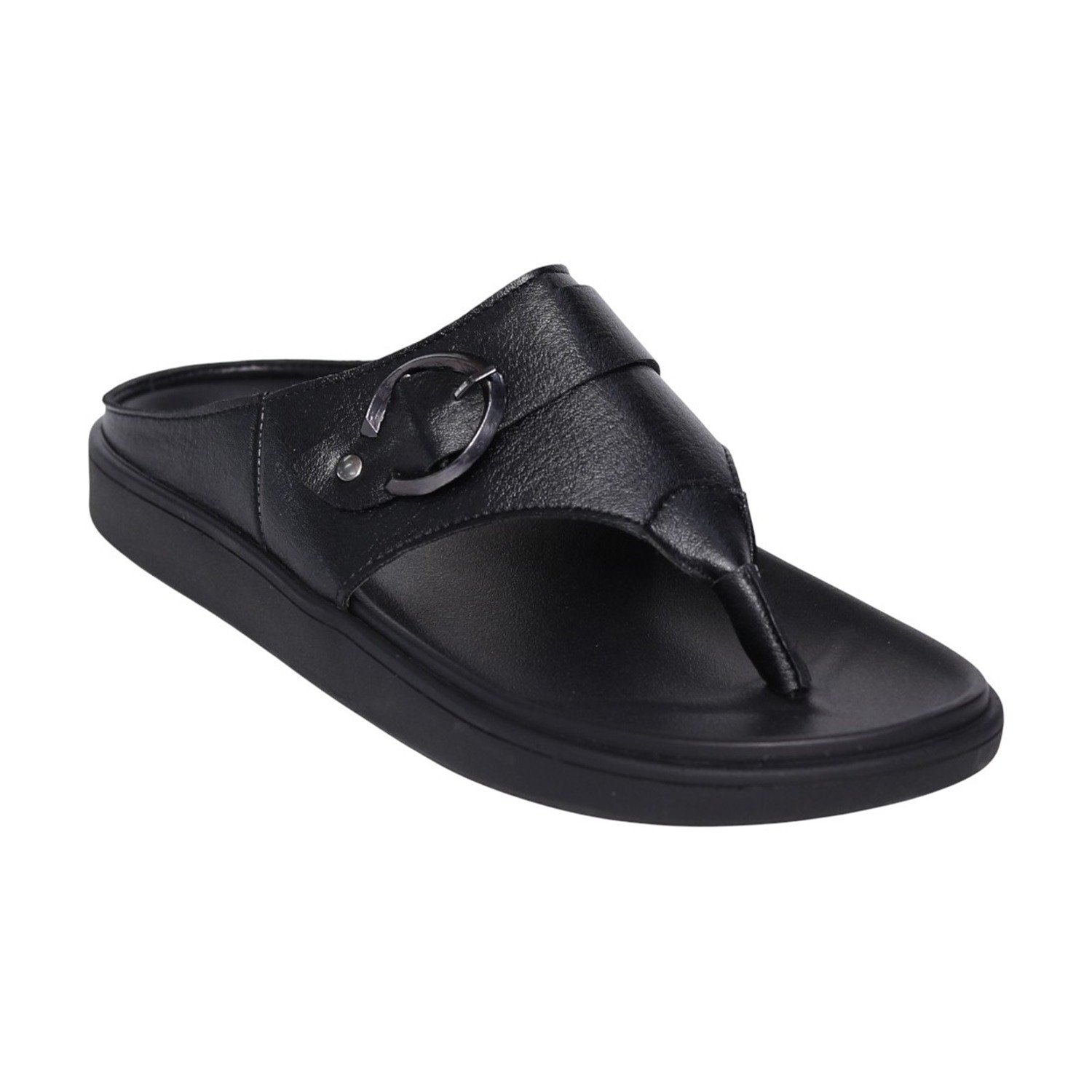 Men Black Leather Comfort Toe-Post Sandals