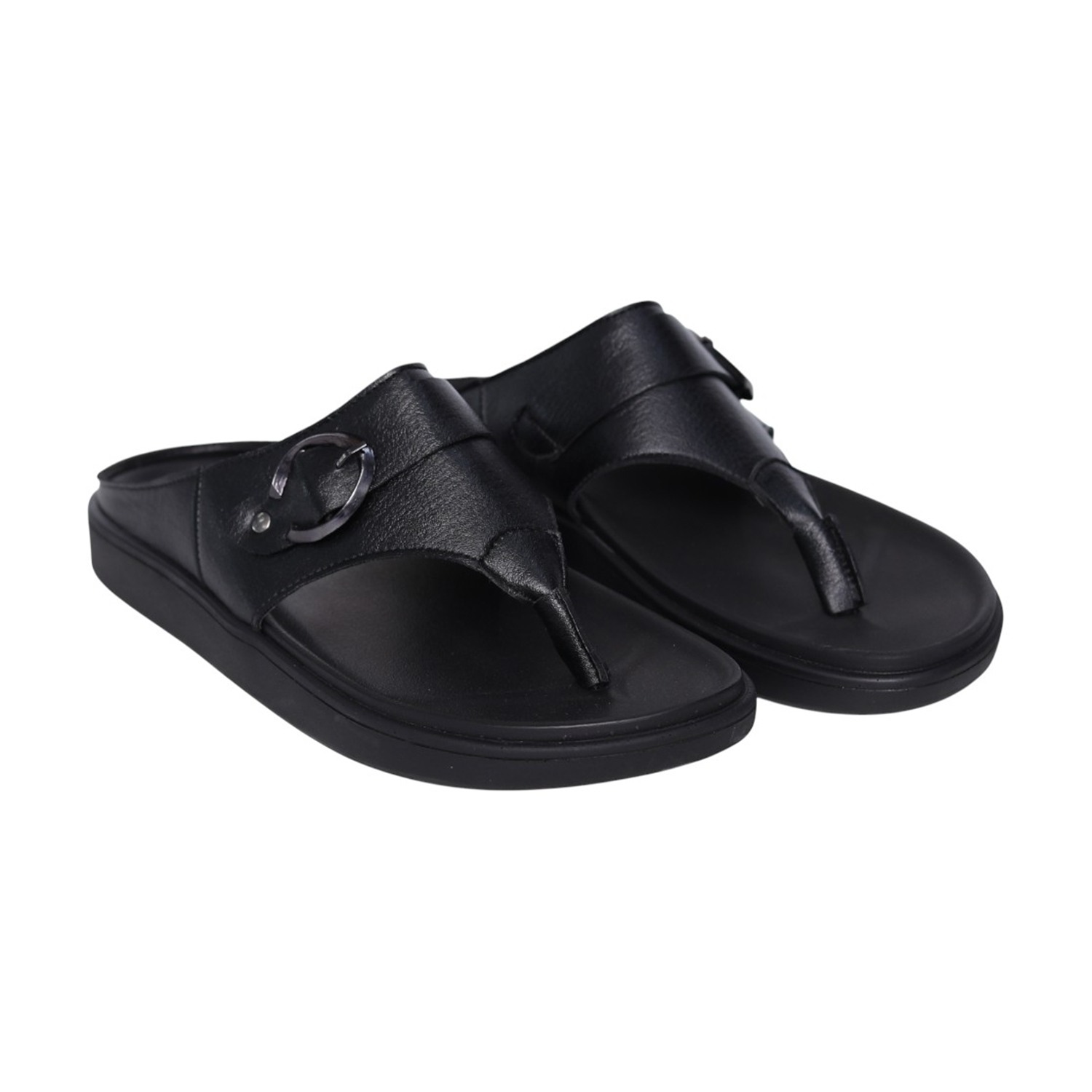 Men Black Leather Comfort Toe-Post Sandals