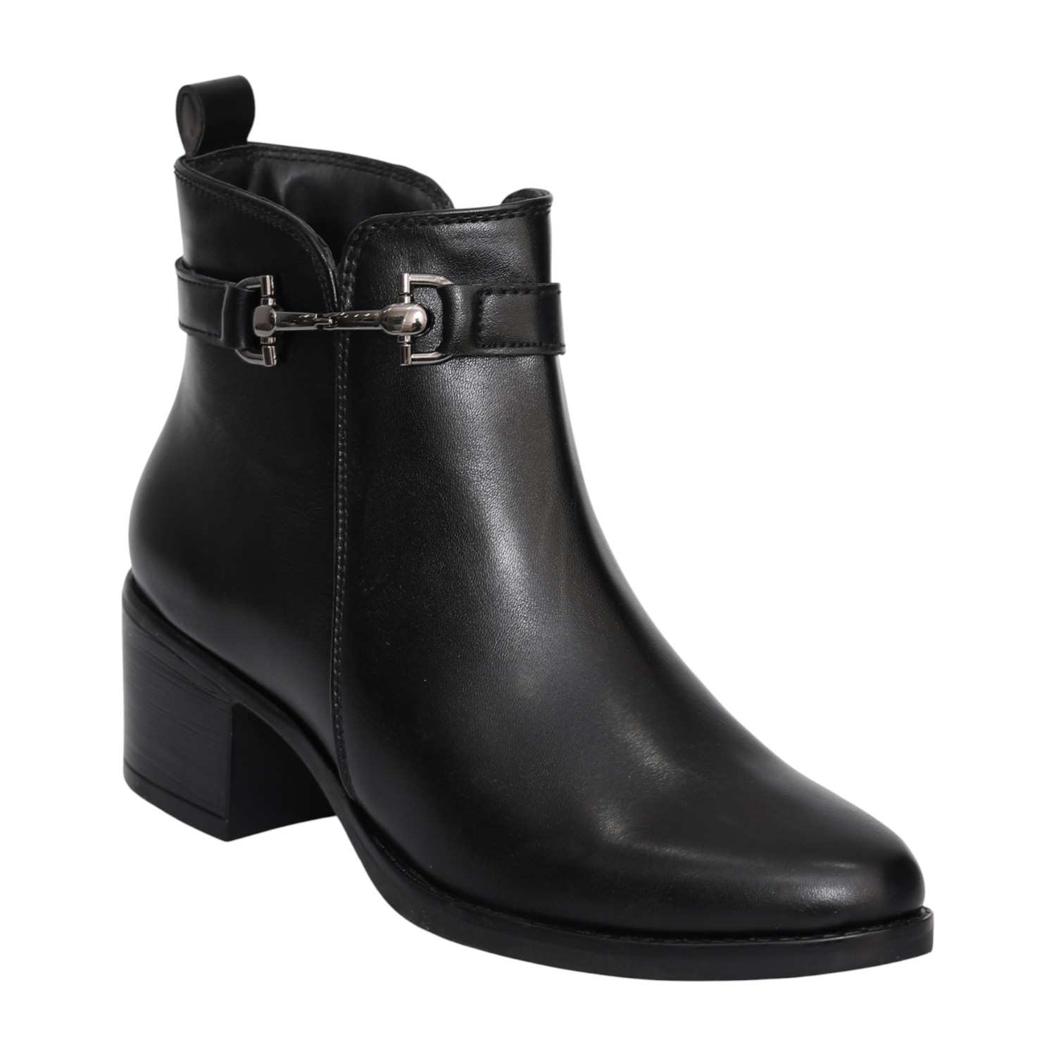 Women Black Ankle Boots with Block Heel & Buckle Detail