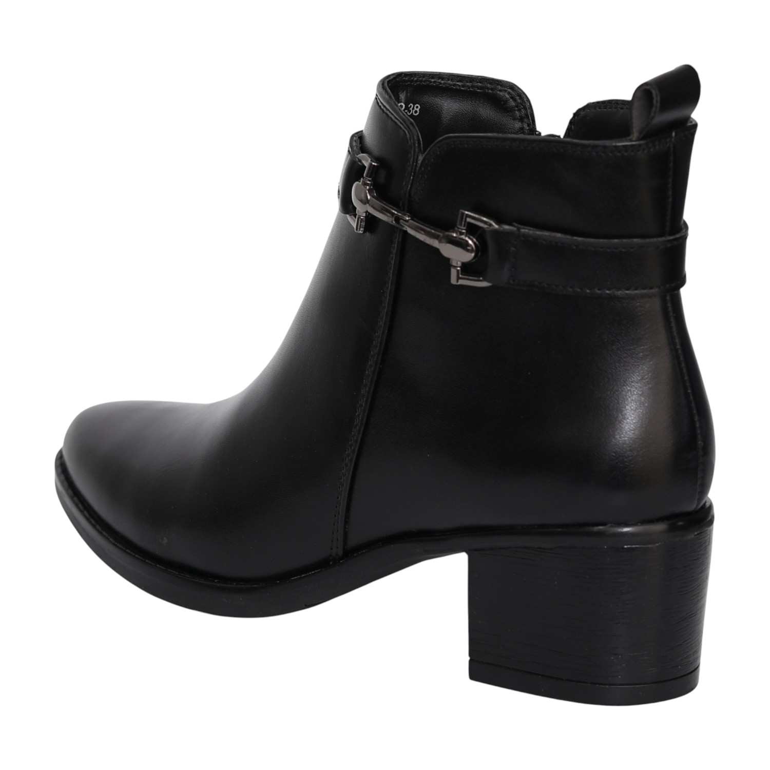 Women Black Ankle Boots with Block Heel & Buckle Detail