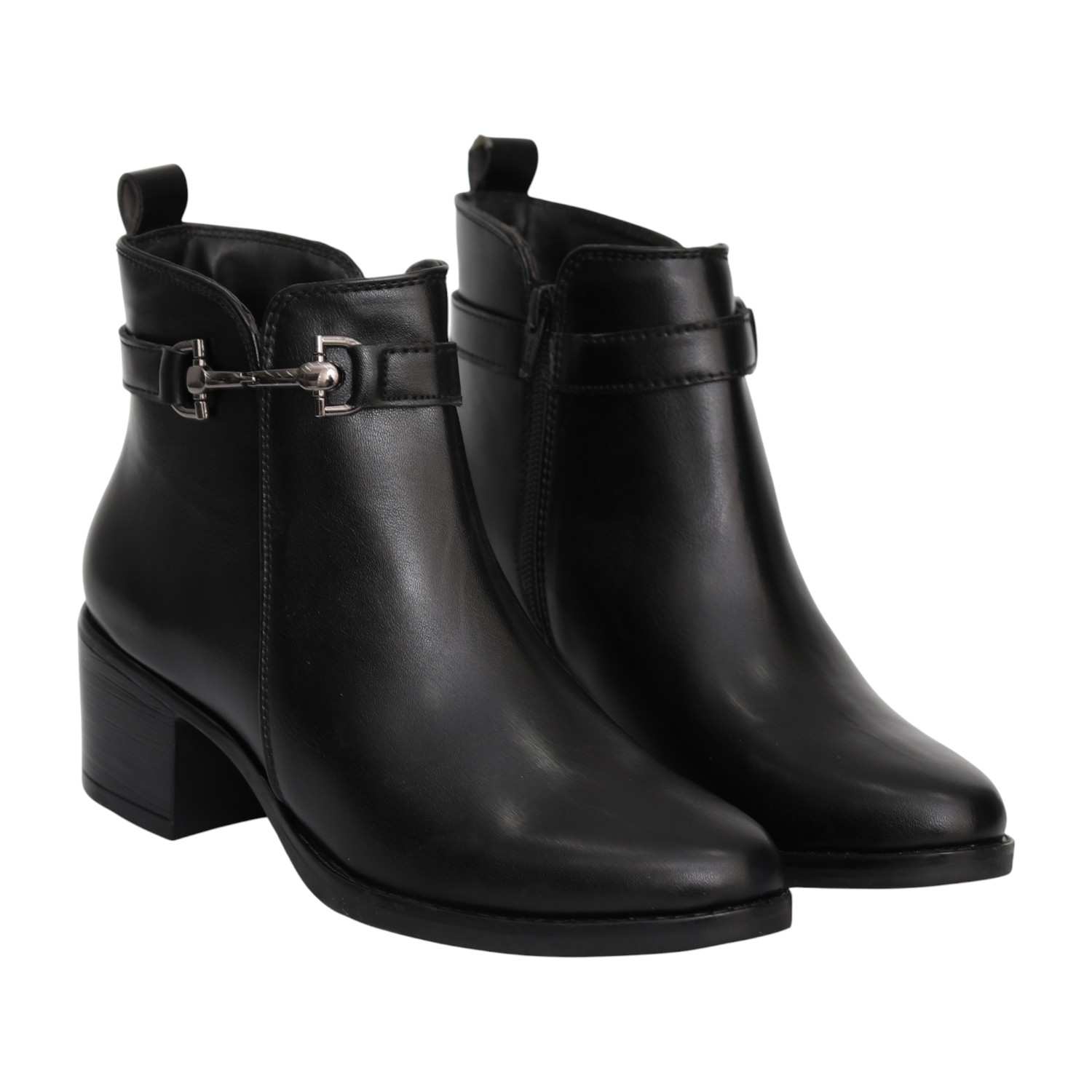 Women Black Ankle Boots with Block Heel & Buckle Detail