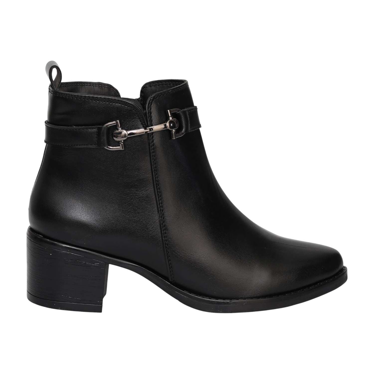 Women Black Ankle Boots with Block Heel & Buckle Detail
