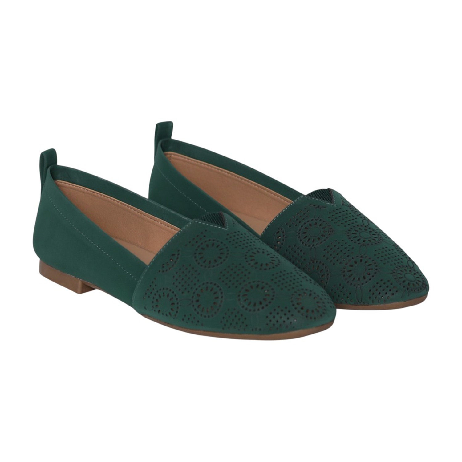 greta | Women Mehendi Perforated Slip-On Flat Loafers|1