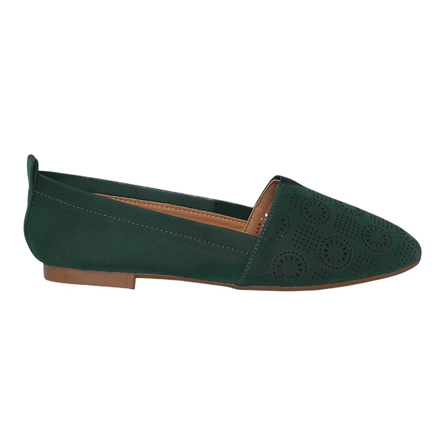 greta | Women Mehendi Perforated Slip-On Flat Loafers|2