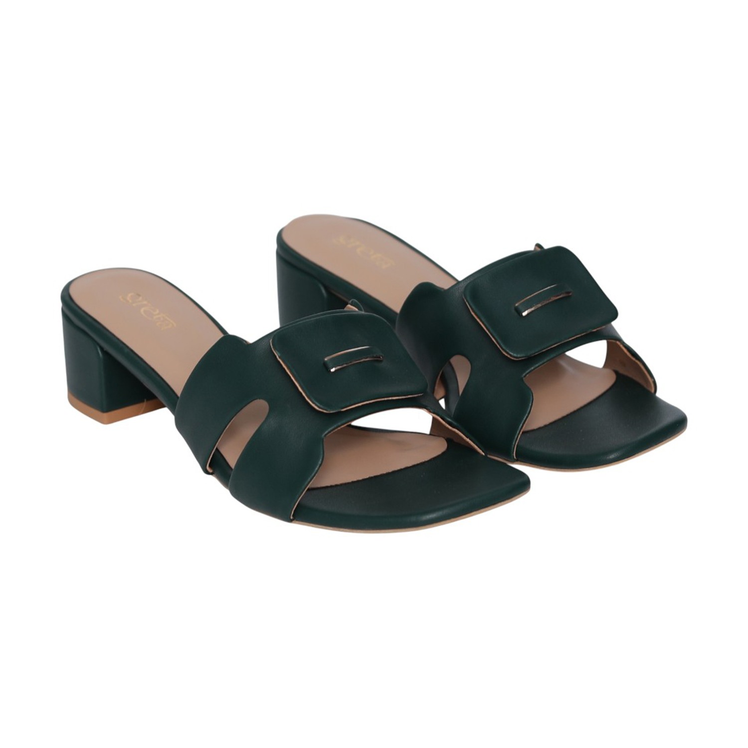 Women Deep Green Buckle Accent Heels