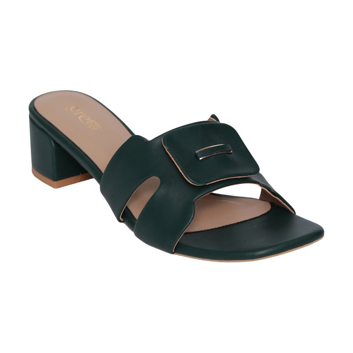 Women Deep Green Buckle Accent Heels